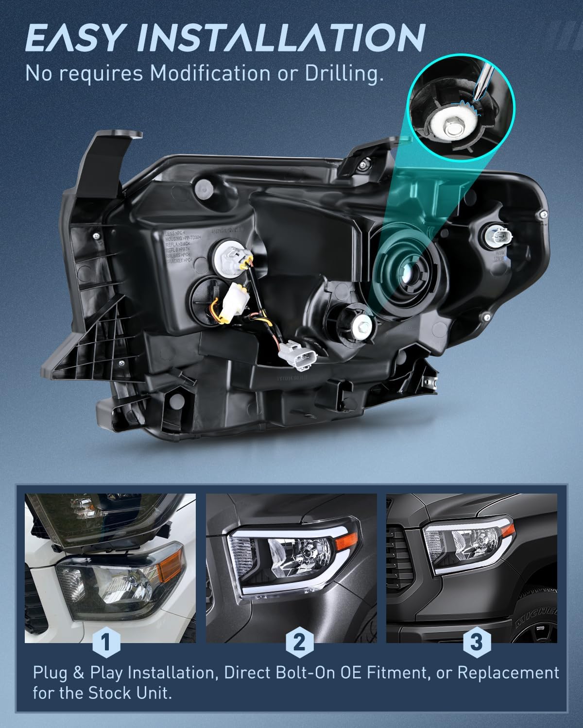 LED DRL Headlight Assembly Compatible with 2014 2015 2016 2017 2018 2019 2020 2021 Toyota Tundra Clean Lens Black Housing Amber Reflector Clear Lens Headlamps Replacement