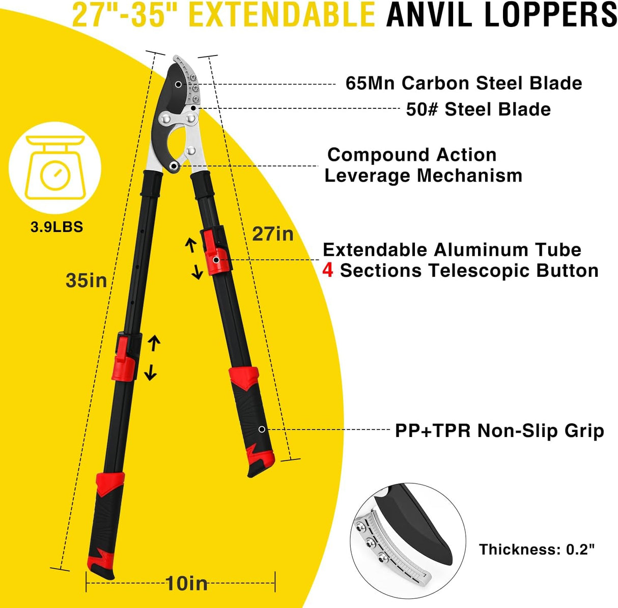 27-35 Inch Extendable Loppers for Tree Trimming Heavy Duty Tree Trimmer Bypass Loppers with Compound Action Sharp Anvil Blade up to 2 Inch Cut Capacity Branch Cutter Chops Thick Branches Ease
