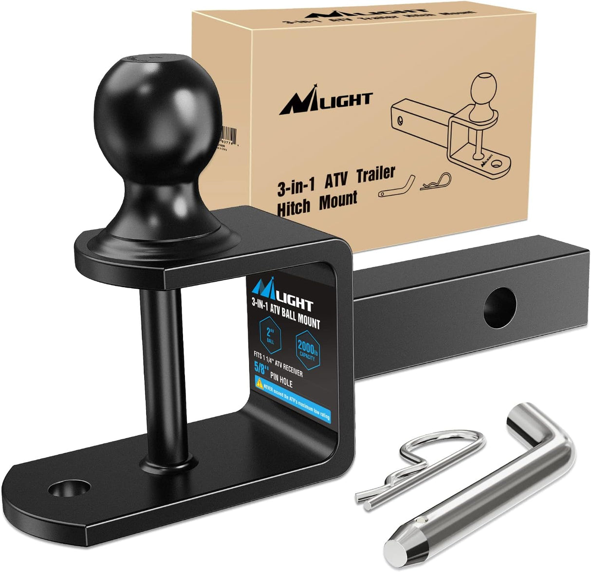 3 in 1 ATV UTV Multi Hitch Mount Fits 1-1/4 Inch Receiver with 2 inch Ball Hitch Rated 2000 LBS Winch Strap Loop Rated 5000 LBS