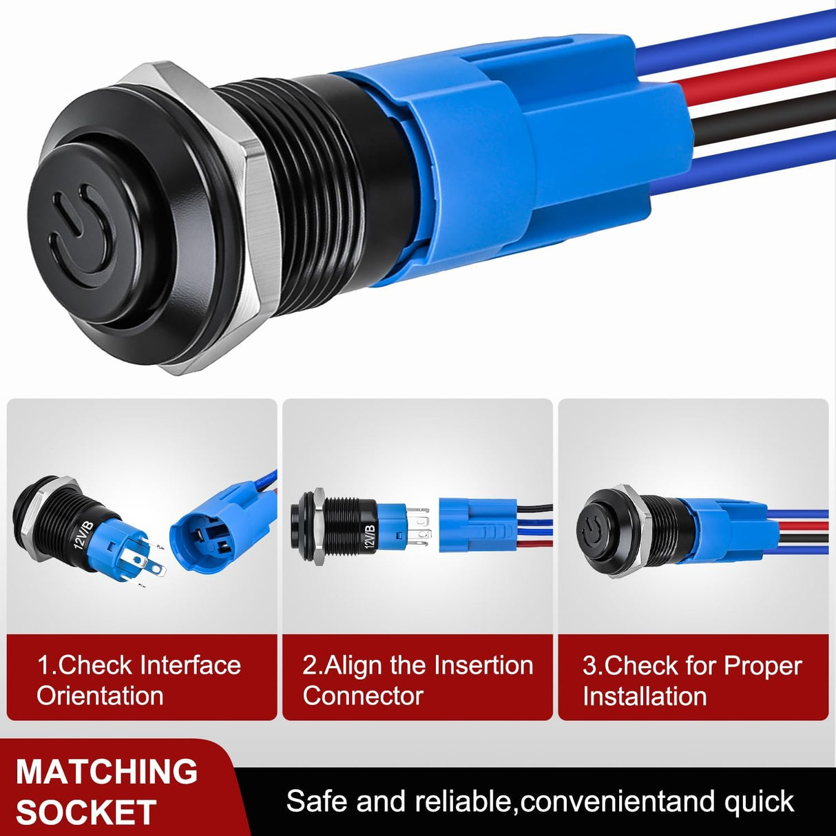 12mm Latching Push Button Switch 6pcs LED Blue Waterproof Small Round Power Button Switches with Pre-Wiring Socket for Car Truck Boat Marine RV Vehicle