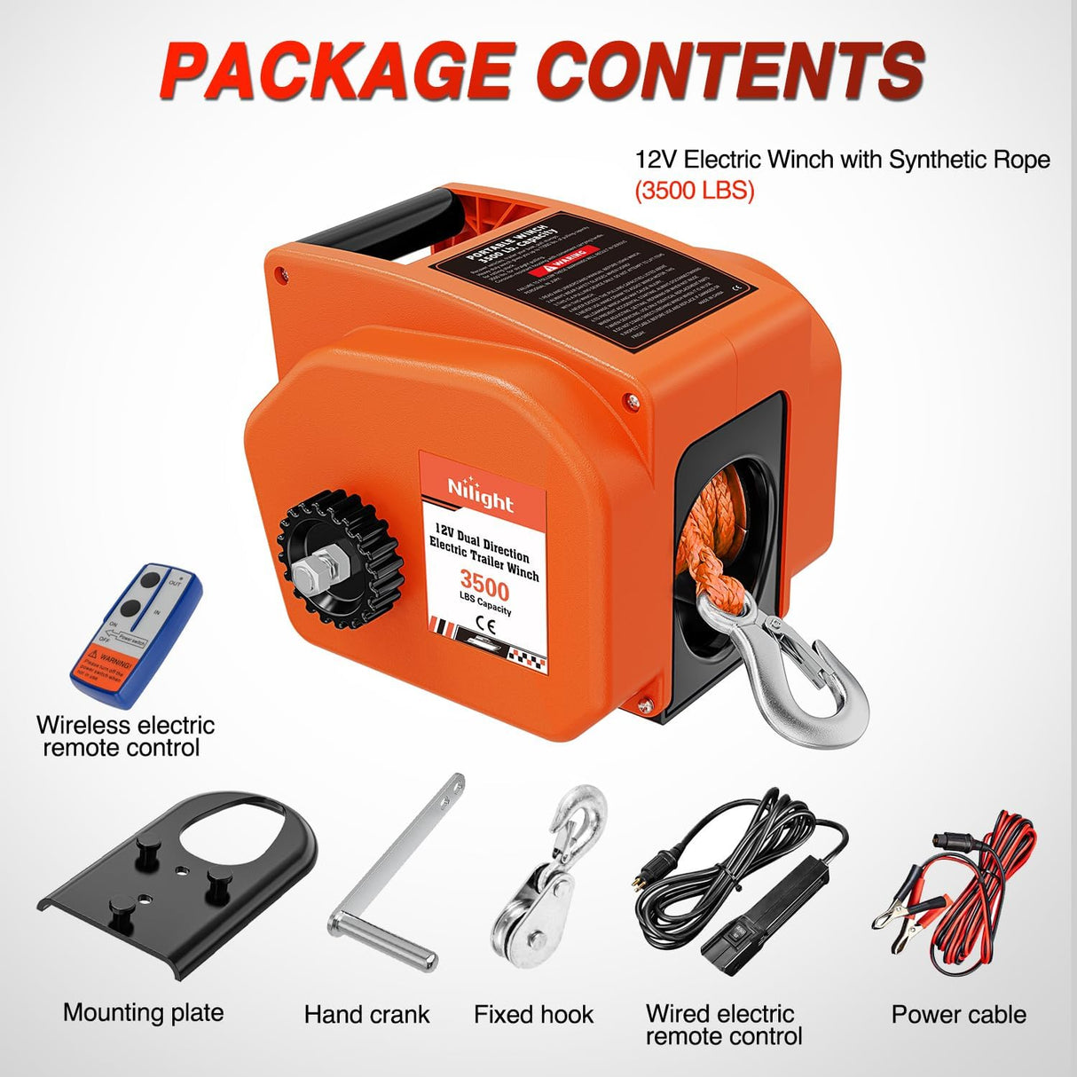 Boat Trailer Winch 3500 lbs Portable Electric Boat Winches 12 V DC Marine Winch with Synthetic Rope Remote Control Hand Crank Power-In Freewheel Waterproof Winch for Boat Trailer Towing Orange