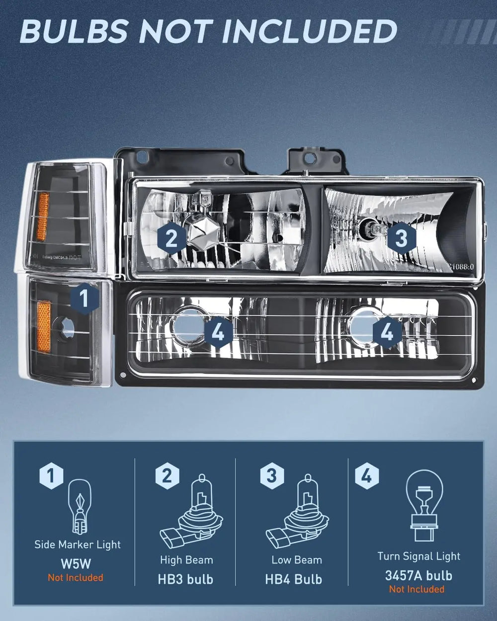 Headlight Assembly Headlight Assembly Black Case Amber Reflector For 1994-1998 GMC Suburban Yukon Sierra C/K Series 1500 2500 3500 (Pair)