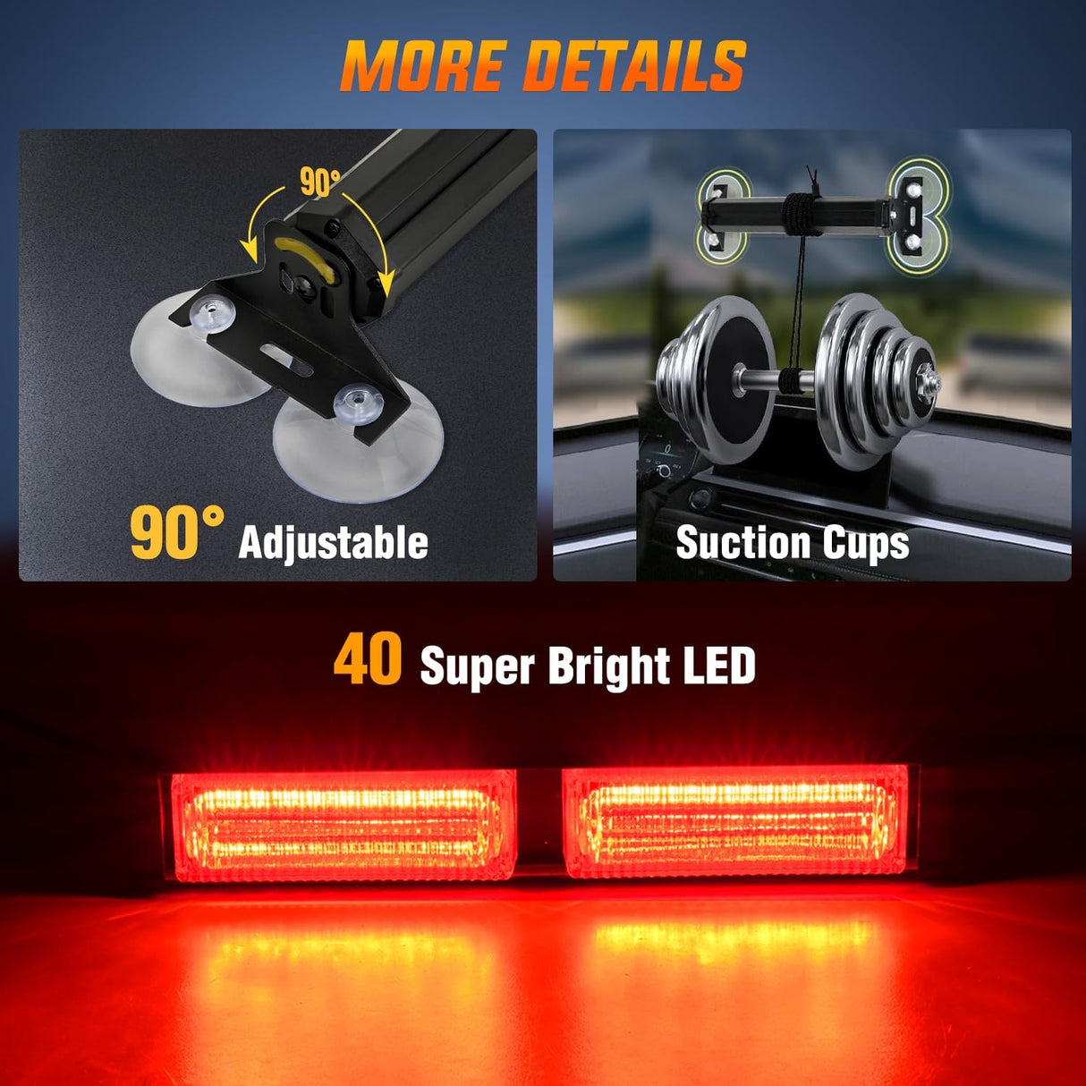 40LED Red Emergency Strobe Traffic Advisor Light Bar with Suction Cups Dash Safety Warning Hazard Flashing Lights Interior Front/Rear Windshield for Trucks Construction Vehicles