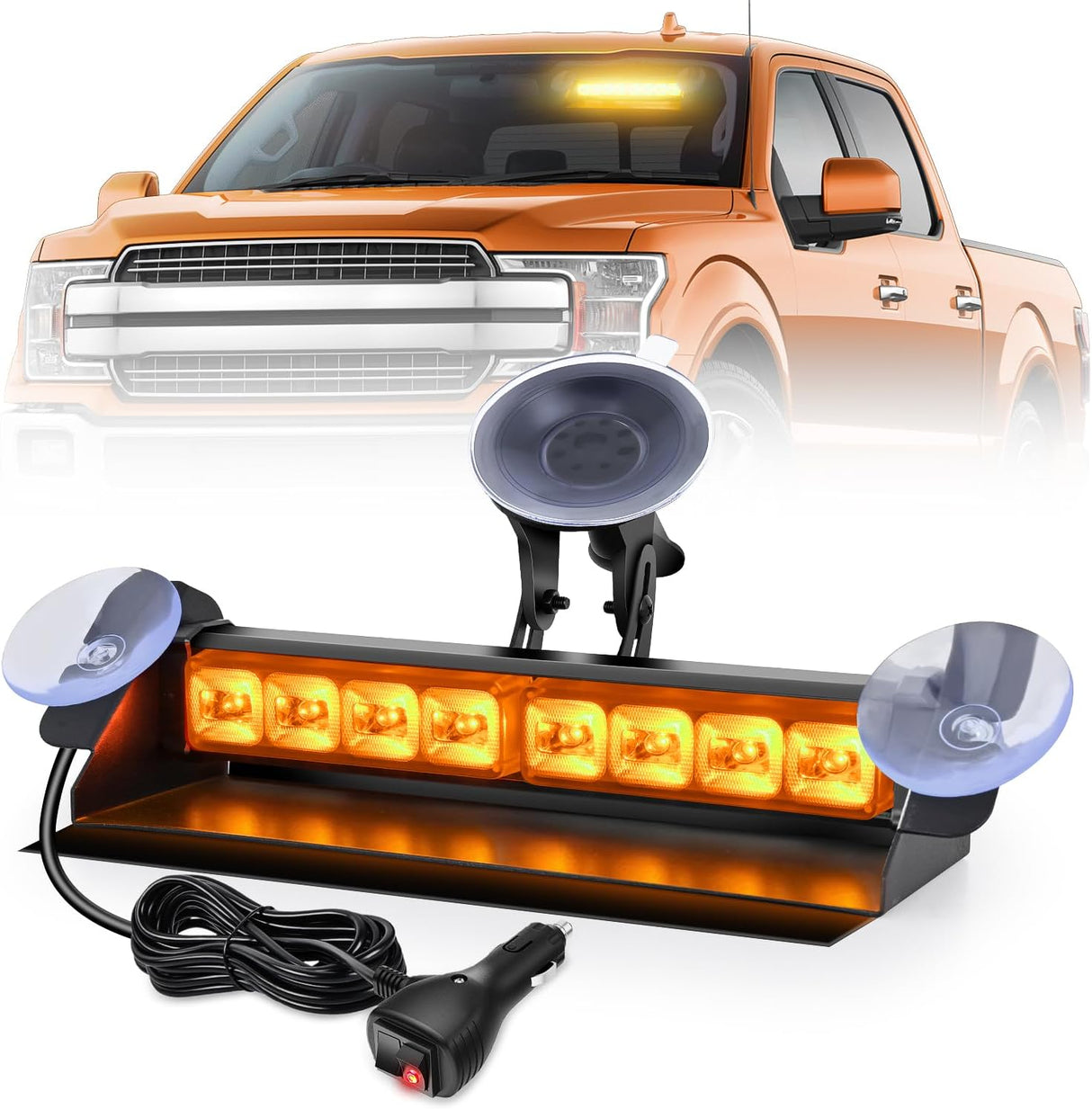 8LED Amber Traffic Advisor Strobe Light Bar Hazard Safety | with Vacuum Suction Emergency Dash Warning Flashing Lights Front/Rear Windshield Visor for Truck Police Construction Vehicles