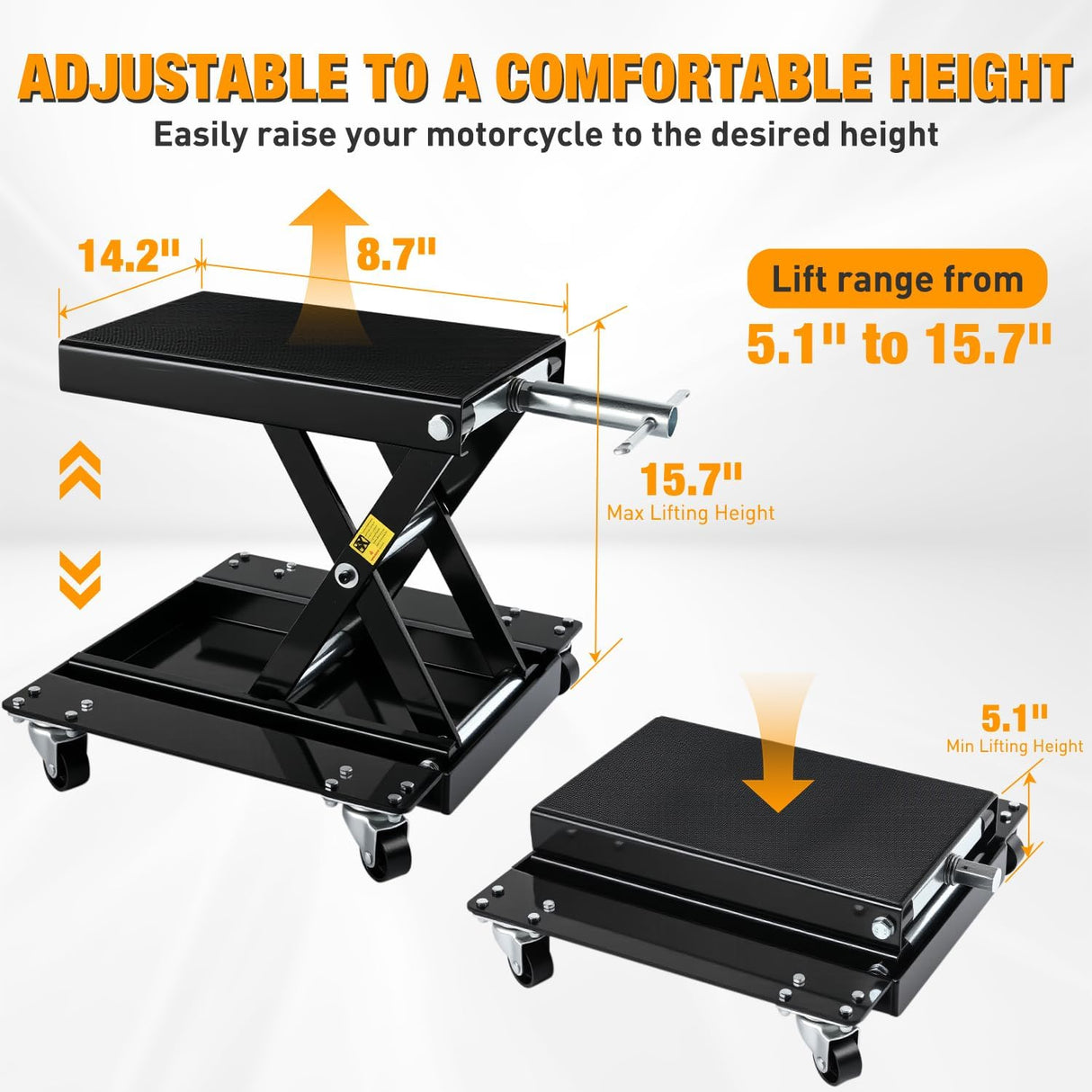 Motorcycle Lift 1100 LBS ATV Scissor Lift Jacks with Dolly Wheels Crank Handle 5.1 Inch-15.7 Inch Hoist Stand Heavy Duty Steel Lifter Jack for Motorcycles Dirt Bike Garage Storage Repair Tool, Black
