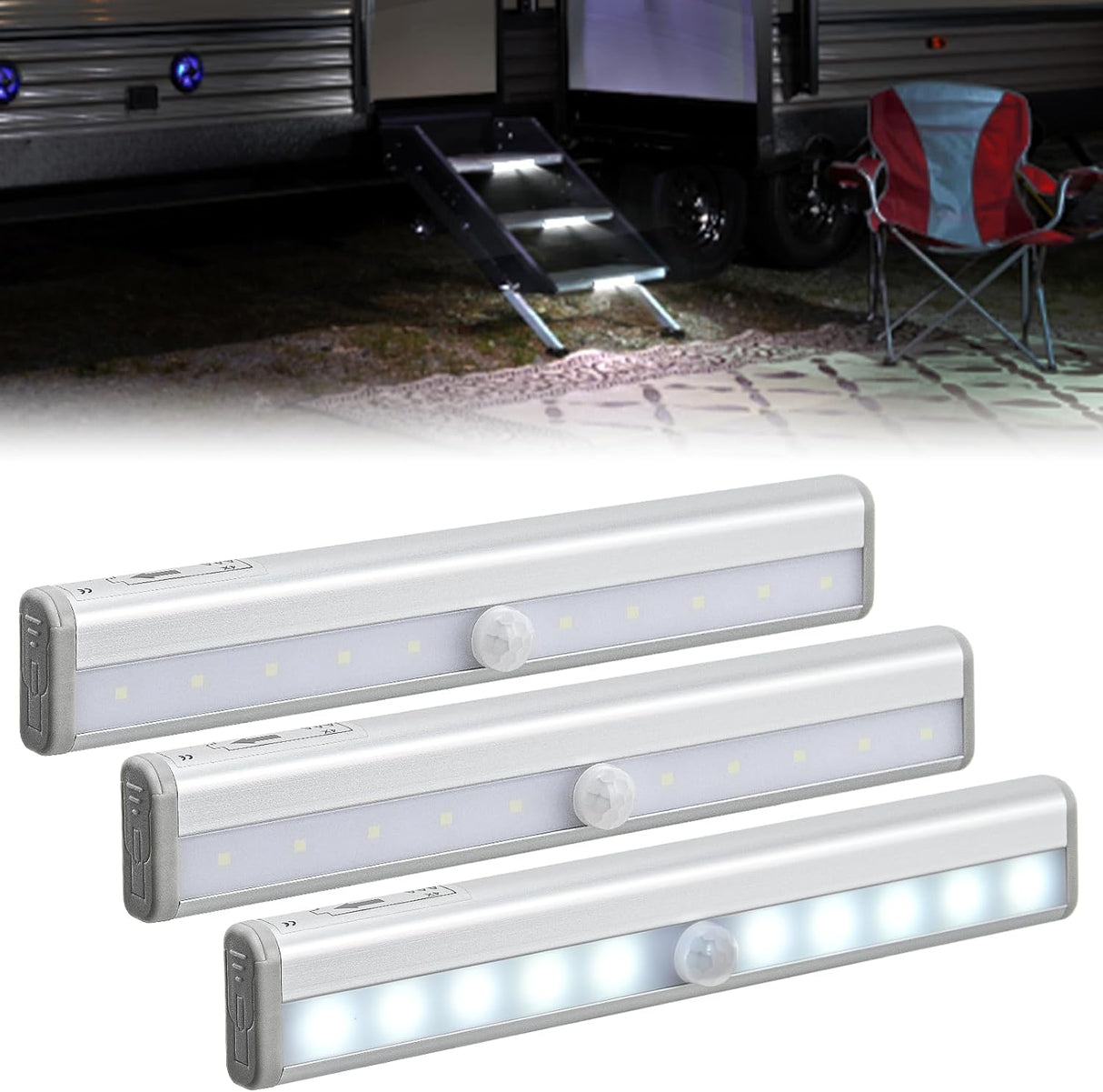 RV Step Lights 3PCS Motion Sensor Activated LED Bar RV Exterior Lights Battery Operated Wireless Magnetic Stick Strip Lighting for Motorhome Travel Trailers Camper Under Cabinet Step Tent