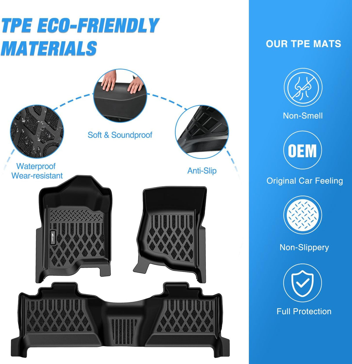 TPE Floor Mats for Chevy Silverado GMC Sierra 1500 Crew Cab 2007-2013, Silverado GMC Sierra 2500 3500 2007 2008 2009 2010 2011 2012 2013 2014 All Weather Custom Fit Heavy Duty Floor Liners