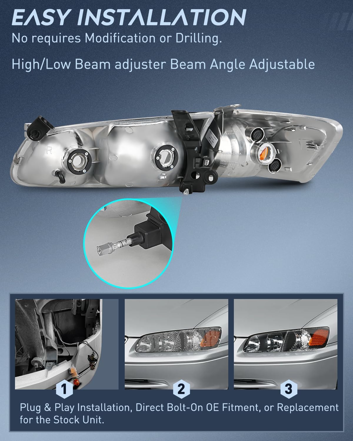 Headlight Assembly Headlight Assembly Compatible with 2000 2001 Toyota Camry Replacement Headlamp Black Housing Amber Reflector Driver and Passenger Side