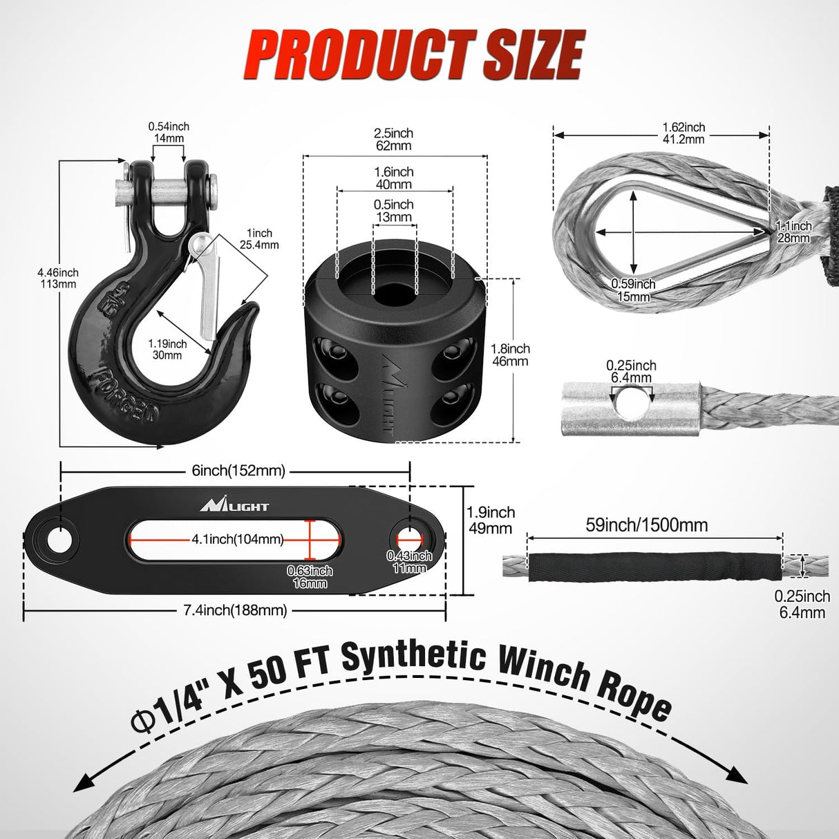 Synthetic Winch Rope Kit, 1/4 Inch x 50 Feet Winch Line Cable for ATV UTV Offroad, 10000 lbs Gray Winch Cable Ropes with Winch Fairlead+ Forged 35000lb Winch Hook+ Rubber Stopper Safety Strap