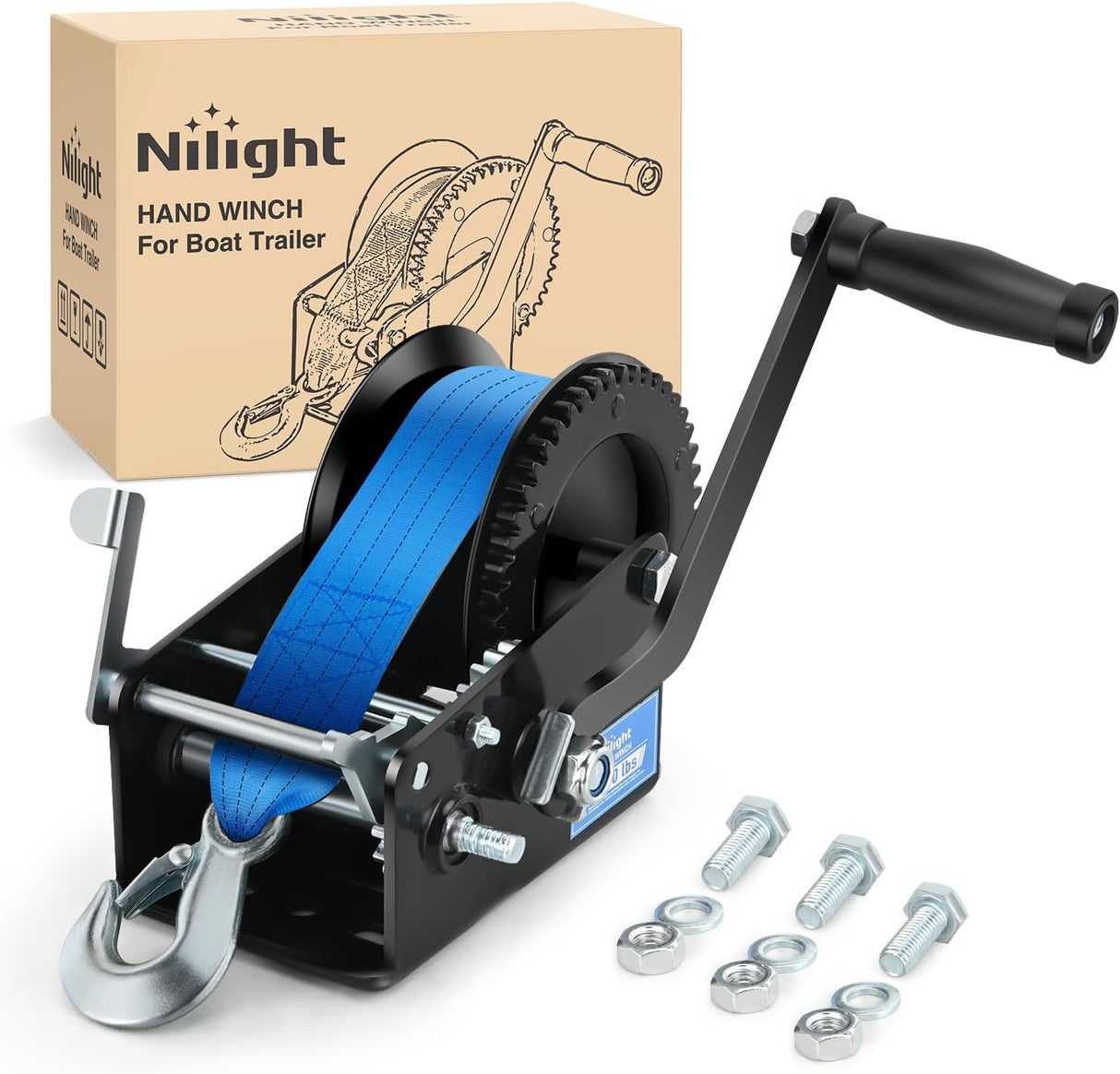 Boat Trailer Winch 3500 LBS Hand Crank Winch Heavy Duty Boat Winches with 33 FT Blue Strap Rope Hook Two Way Ratchet 4:1 8:1 Gear Portable Marine Manual Winch for Trailers Boat RV ATV Towing