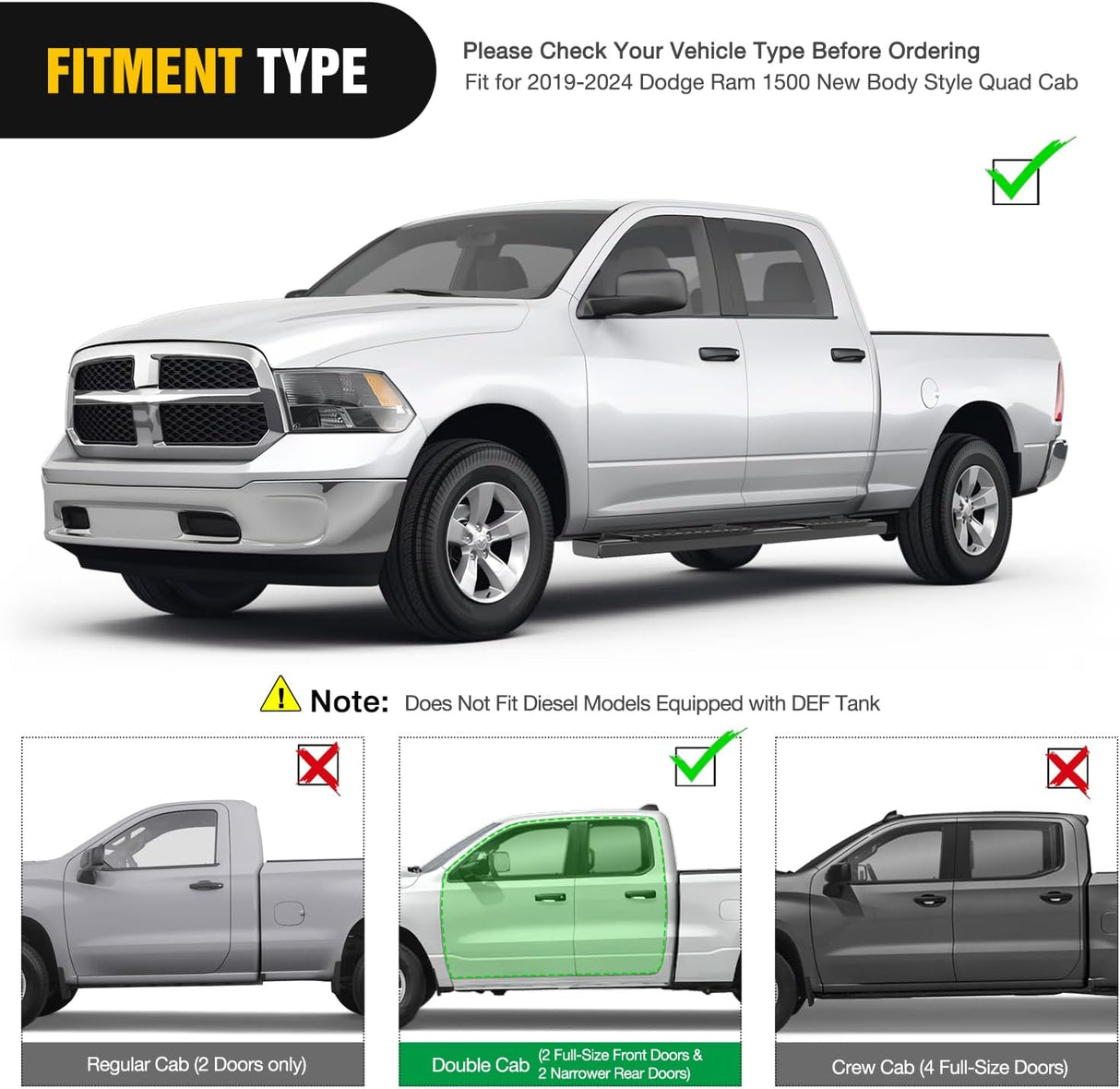 Running Boards for 2019-2025 Dodge Ram 1500 Quad/Extended Cab New Body Style 6 Inch Side Step Nerf Bars Stainless Steel Black