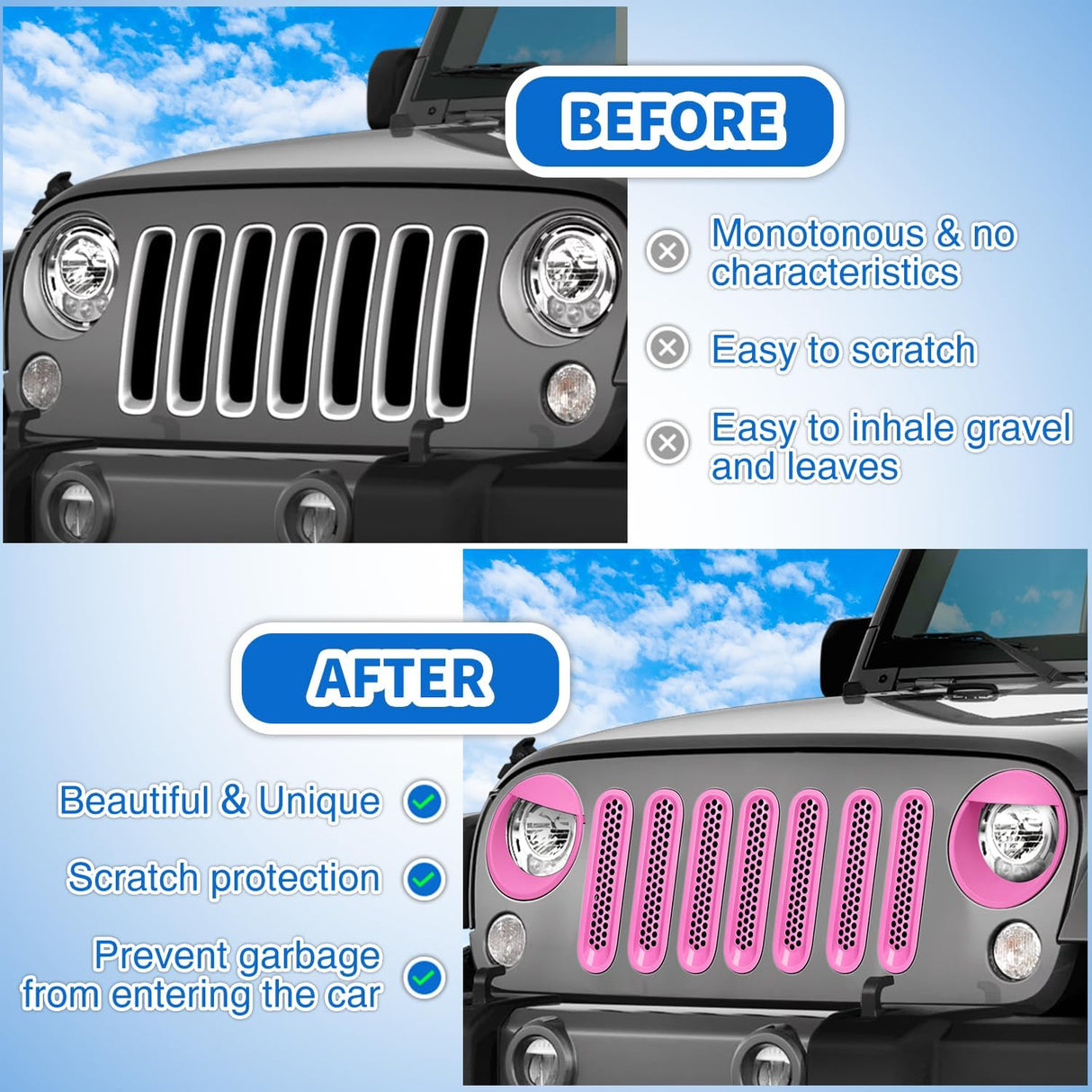 Grill Inserts fit for Jeep Wrangler Front Grille Mesh Inserts & Headlight Cover Set for JK JKU Unlimited Sports Sahara Freedom Rubicon 2007-2018 Clip-in Trim Exterior Accessories Pink 9 Pcs