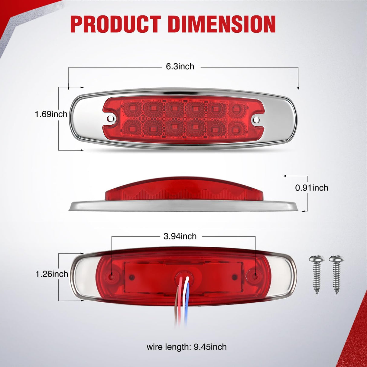6.3 Inch Amber Red Rectangle Side Marker Light with High Low Strobe | 12 LED IP67 Waterproof Chrome Bezel 12V Surface Mount Marker & Clearance Light Fits Pickup Trucks Trailers RVs Boats,20 Pack