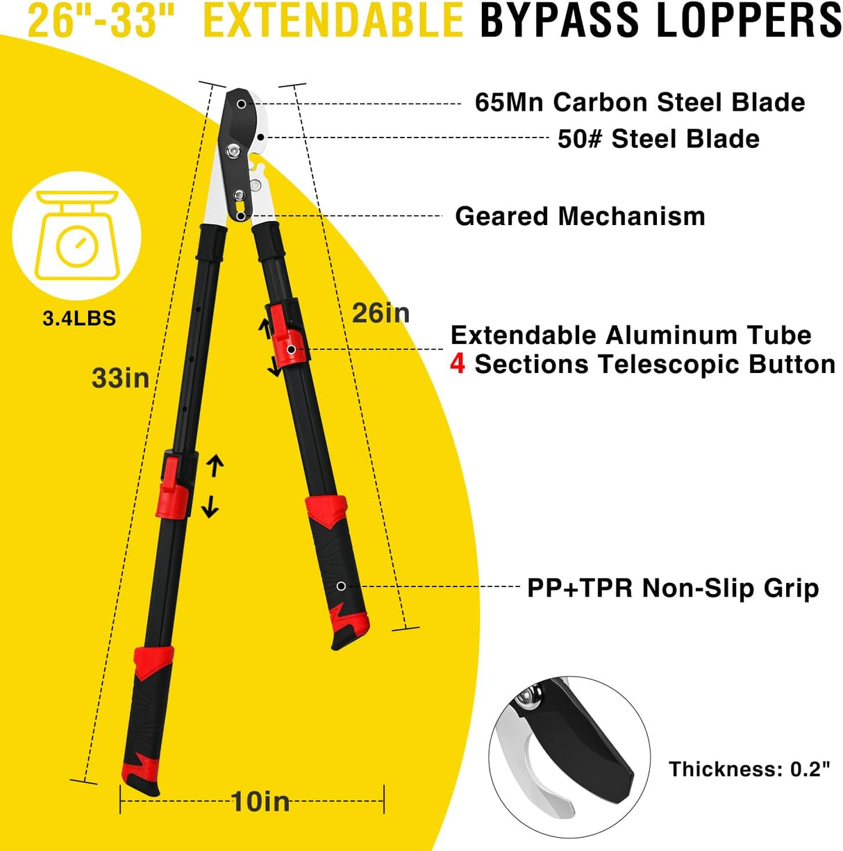 26-33 Inch Extendable Bypass Loppers for Tree Trimming Heavy Duty Powerful Gear Tree Trimmer w Non-slip Handle Sharp Steel Blade up to 1.8 Inch Cut Capacity Branch Cutter Chops Thick Branches Ease