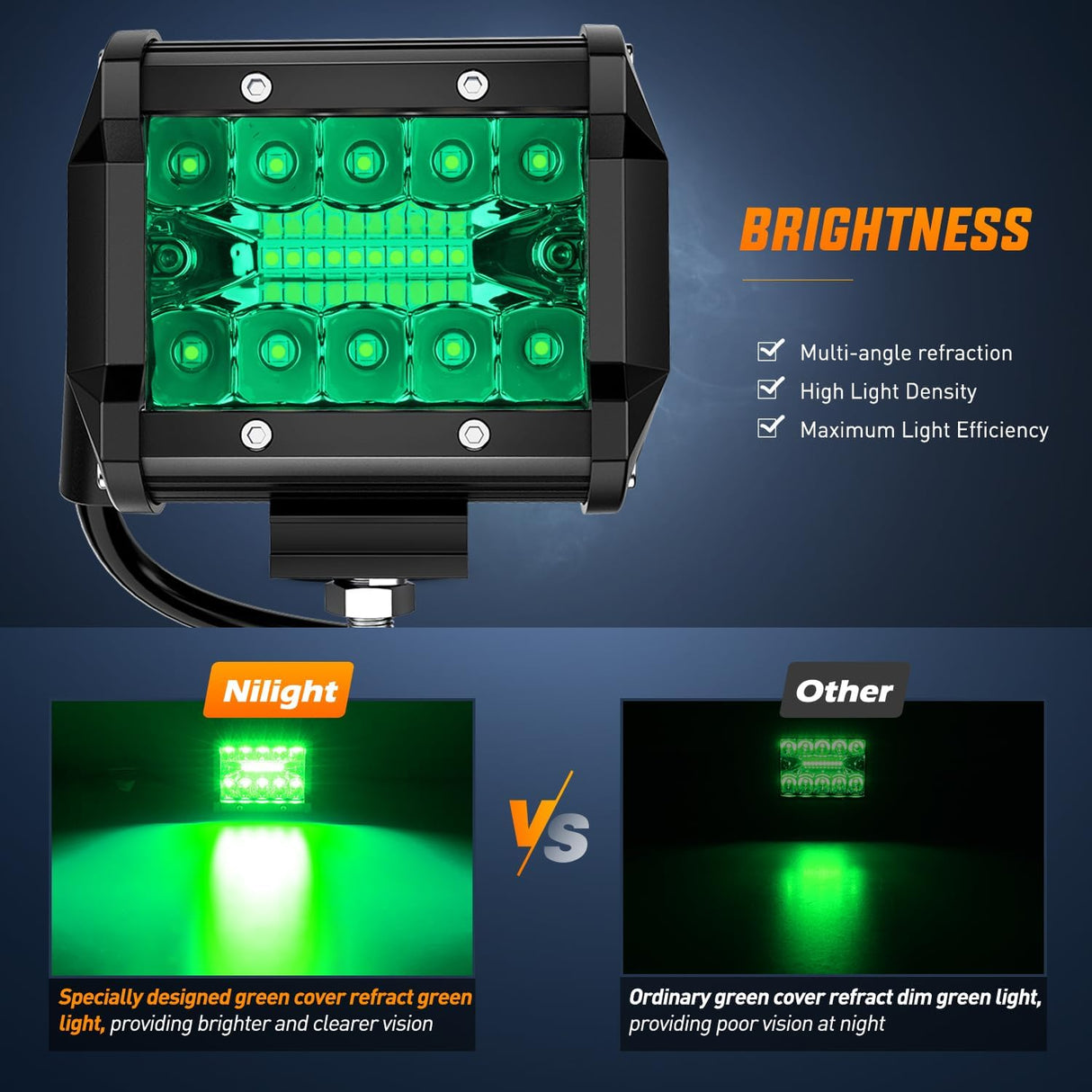 4 Inch LED Light Pods Green Triple Row 2PCS 60W Flood Spot Combo Off Road Driving Fog Fishing Hunting Emergency Safety Signal Deck Trailer Lighting for UTV Pick-up Van Boat Tractor