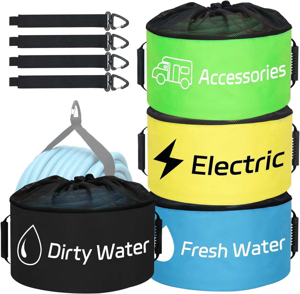 4 Pack RV Hose Storage Bag, Waterproof Utility Bag with Drawstring Mesh Top RV Storage and Organization Bags Container for Sewer, Fresh Water Hoses Electrical Cords Camper Tools Accessories