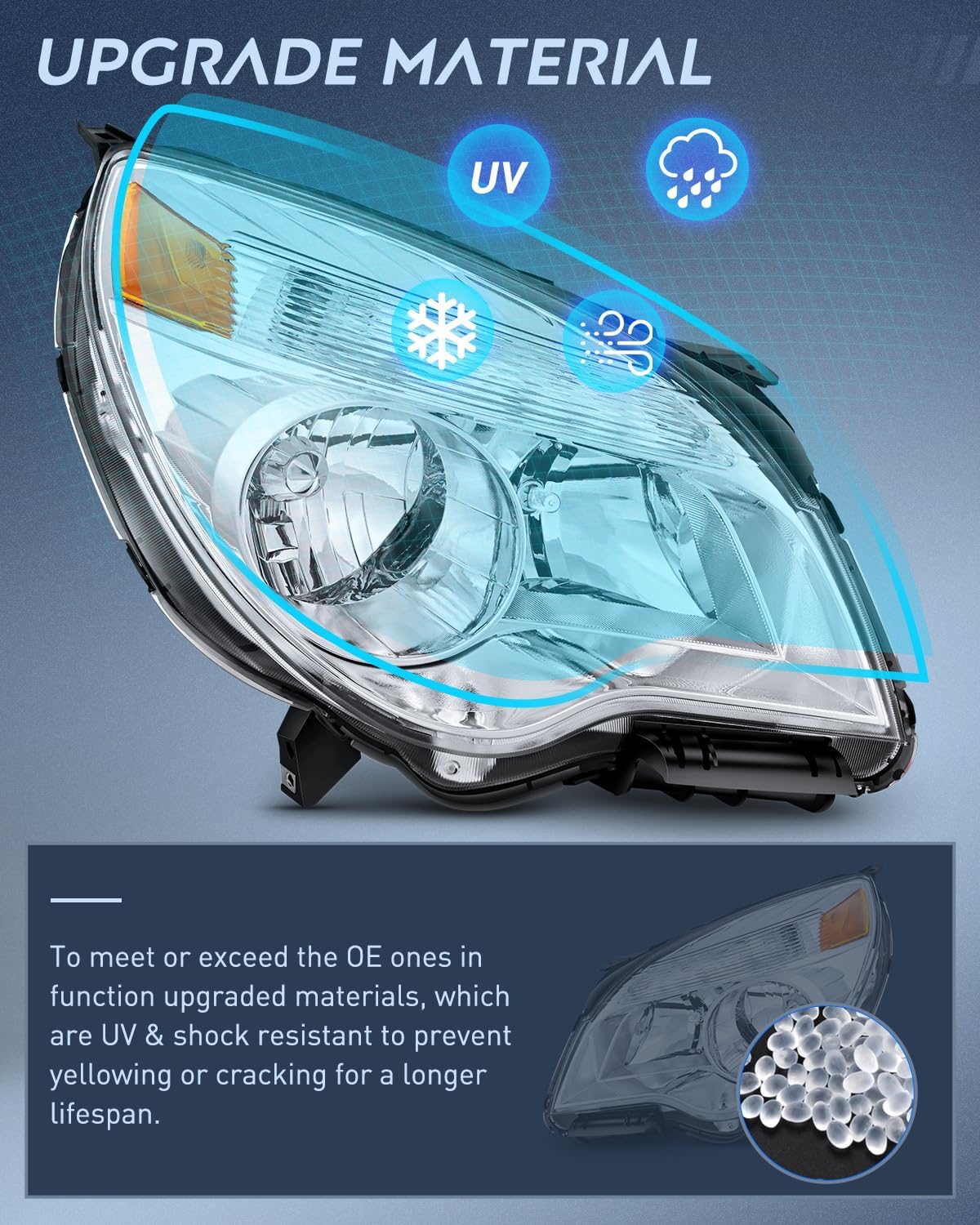 Headlight Assembly Compatible with 2010 2011 2012 2013 2014 2015 Chevy Chevrolet Equinox LS/LT Replacement Halogen Headlights OE Style Chrome Housing Amber Reflector Headlamp a pair
