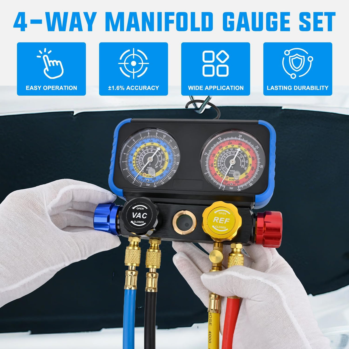 A/C Manifold Gauge Set Fits for R1234yf R134a R404A 4-Way Auto HVAC Diagnostic Gauges Refrigerant Recharge kit with Adjustable Couplers 5FT Hoses R1234yf Universal Can Tap
