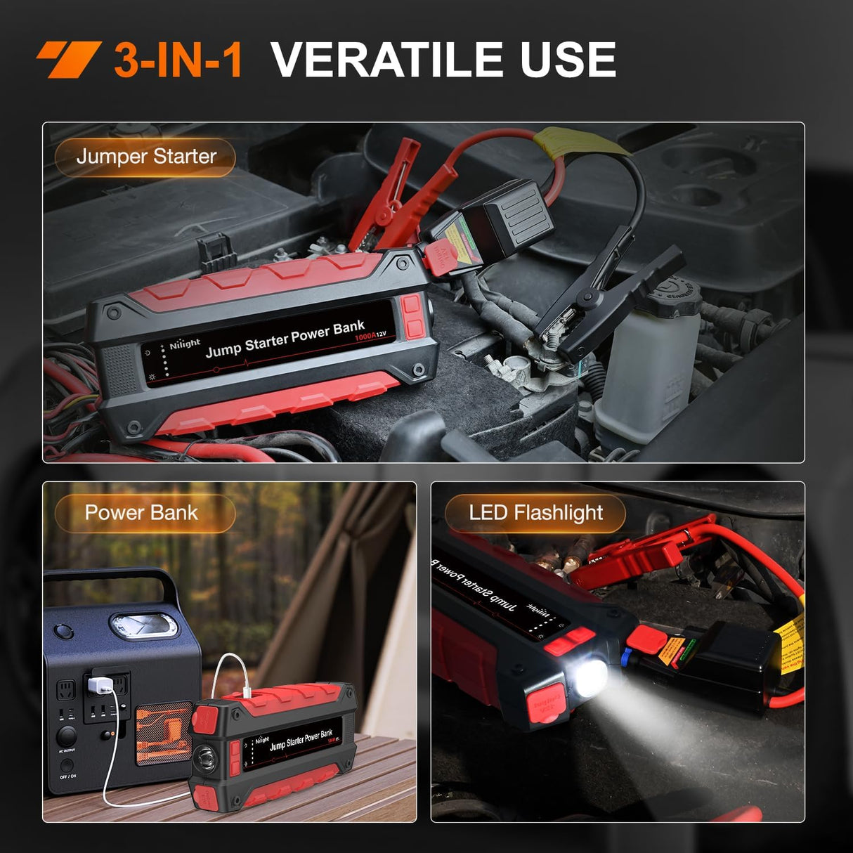 1000A Car Battery Jump Starter for Up to 6.0L Gas & 4.0L Diesel Engines 12V Portable Jump Start Booster Pack Jump Box with Jumper Cables DC Output and LED Light