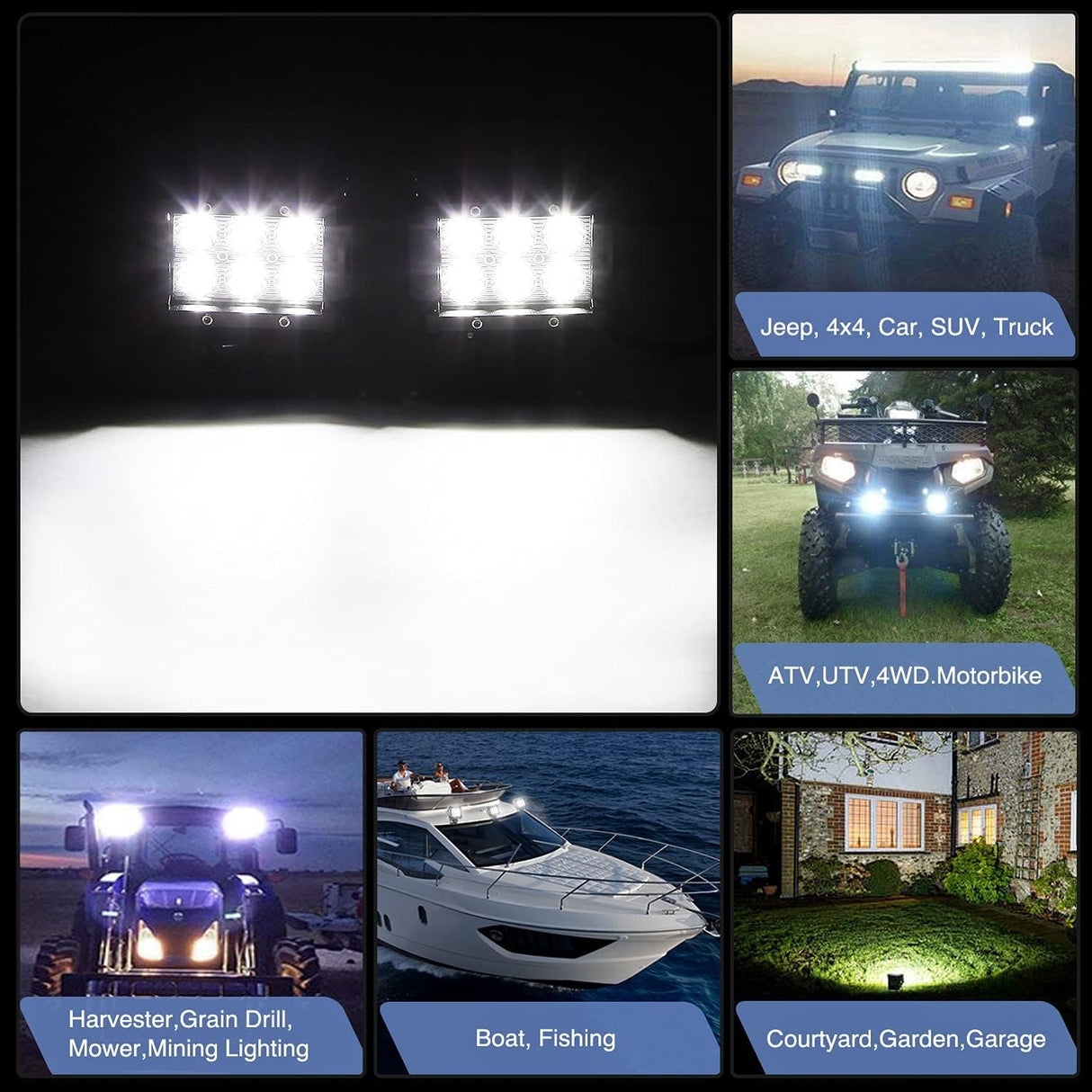 2PCS 18W LED Pods Spot Light Bar Fog Light Driving Lighting with 16AWG Off Road Wiring Harness-2 Leads for Truck Golf Cart SUV ATV UTV Boat (Auto-500)