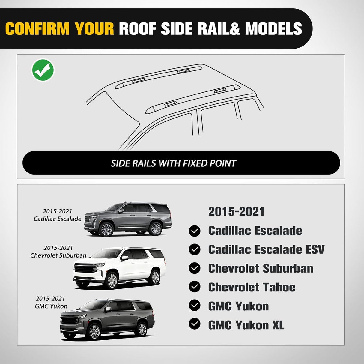 Roof Rack Cross Bars Fit for Chevrolet Chevy Tahoe Suburban GMC Yukon Cadillac Escalade 2015-2021, Adjustable Aluminum Less Wind Noise Car Crossbars for Cargo Carrier Luggage Box Kayak Tent