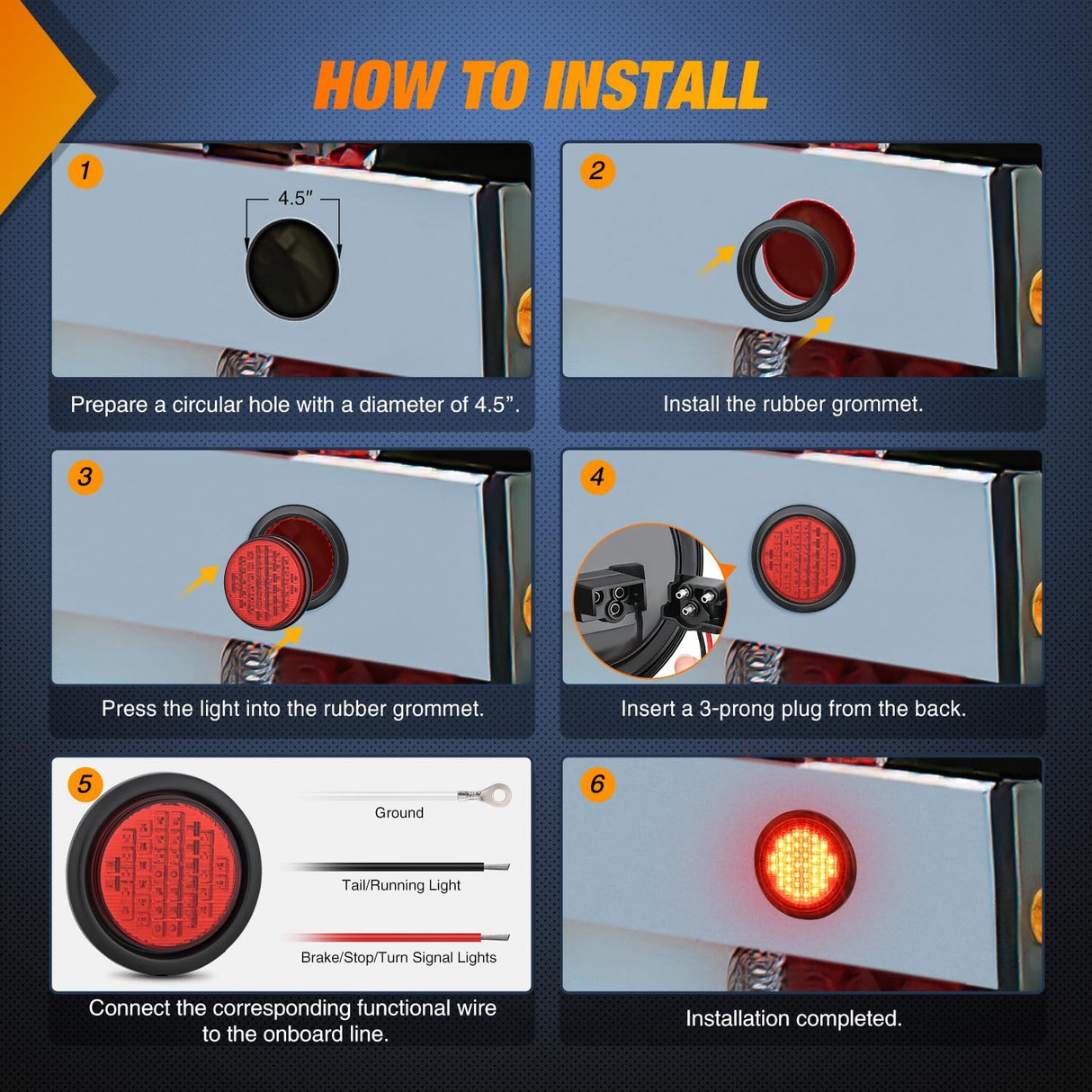 Trailer Tail Lights 2PCS 4Inch Round 40LED Red Stop Brake | Surface Mount Grommet IP67 Waterproof Marker Clearance Turn Signal Running Taillights for Trailer Truck Pickup Camper RV Bus