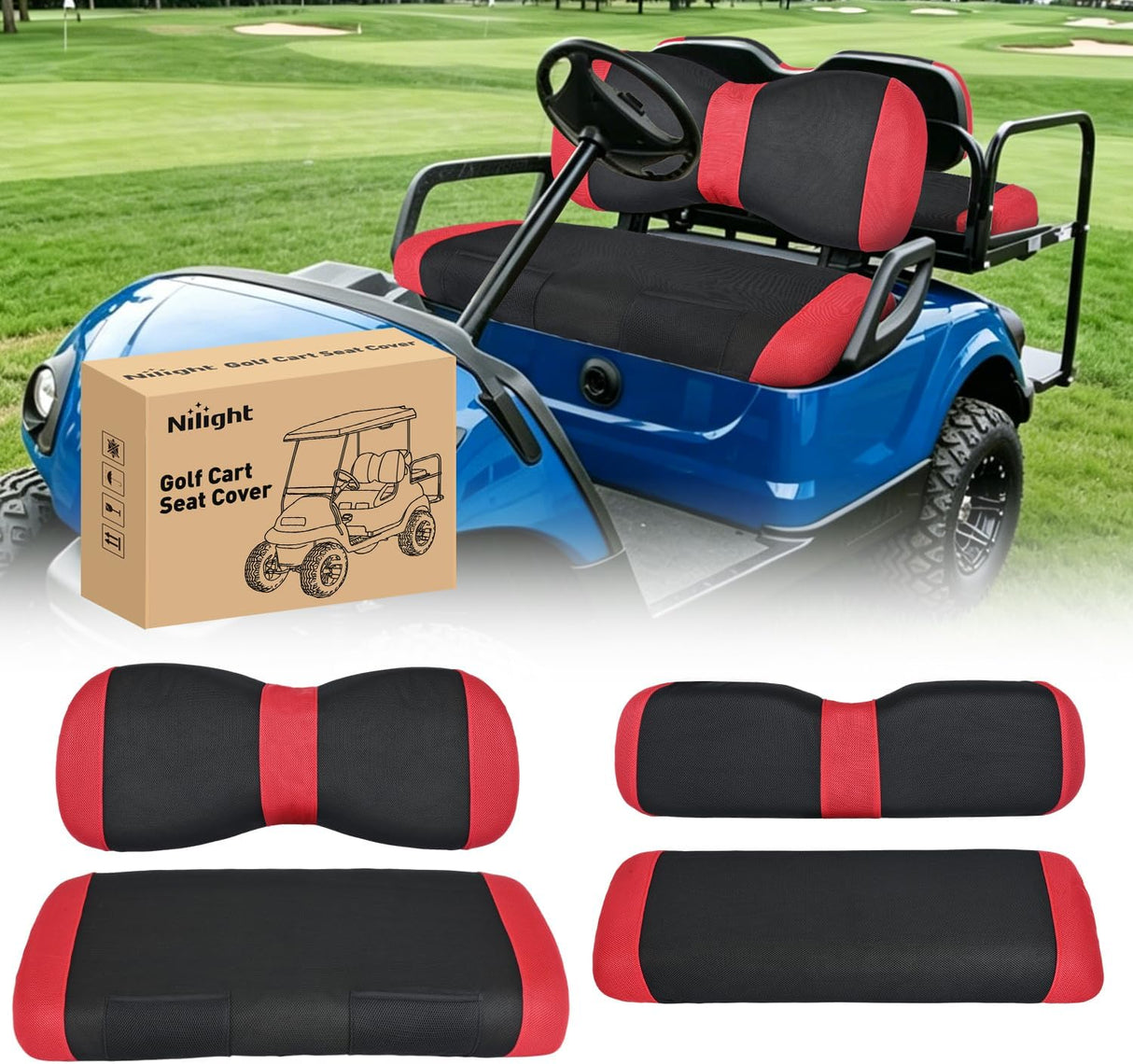 Golf Cart Seat Covers 2PCS Red Black Yamaha Club Car Precedent | Breathable Sun Scratch Resistant Washable No Staple Fits 2007-2016 Yamaha G29 2017-2026 Drive2 2004-2019 Club Car Precedent