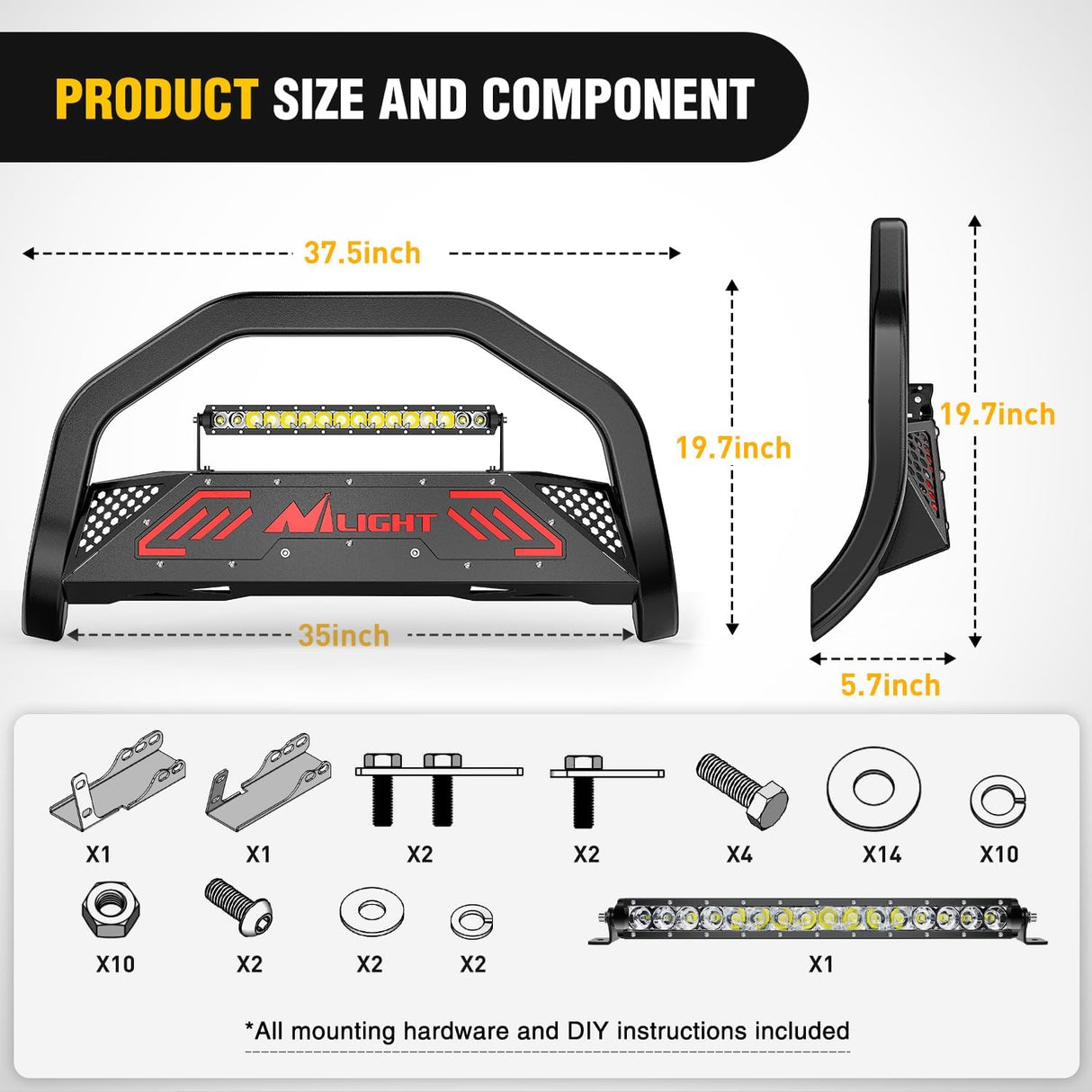 Bull Bar with Light fits 2007-2018 Chevy Silverado GMC Sierra 1500, 2007-2020 Chevy Tahoe Suburban&Yukon/Yukon XL Front Bumper Grille Brush Push Guard with Skid Plate Licence Plate Hole Black