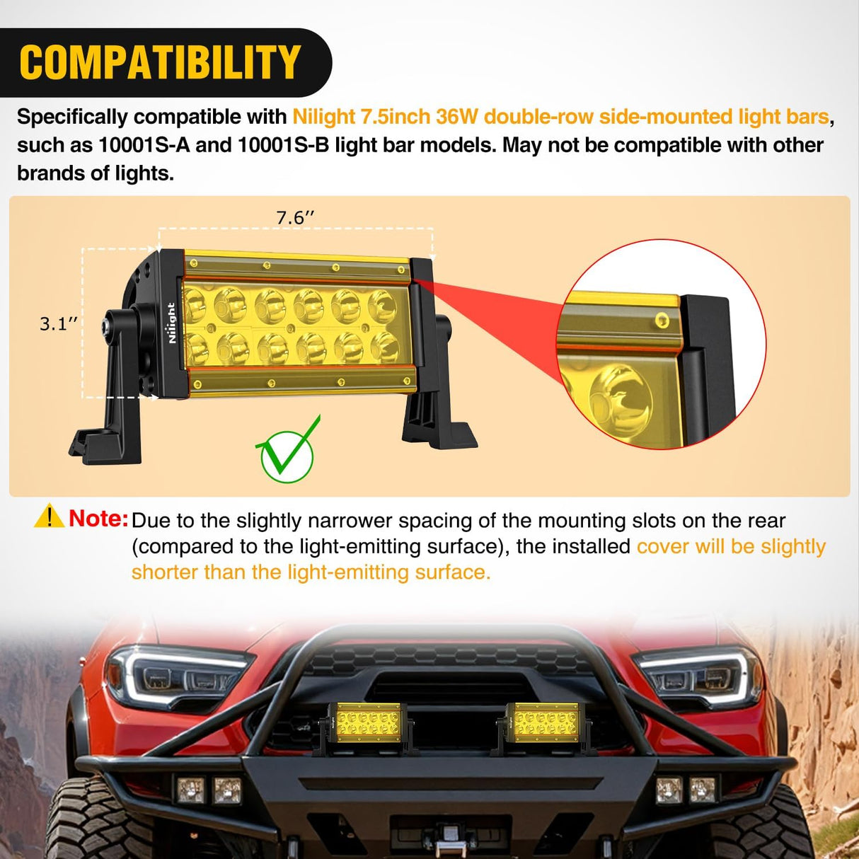 7.5 Inch 36 W Spot LED Light Bar Yellow Cover | Protective Durable Polycarbonate Lens, Waterproof Dustproof Scratch-Proof for Double Row Side-Mounted Bumper Driving Fog Lamp