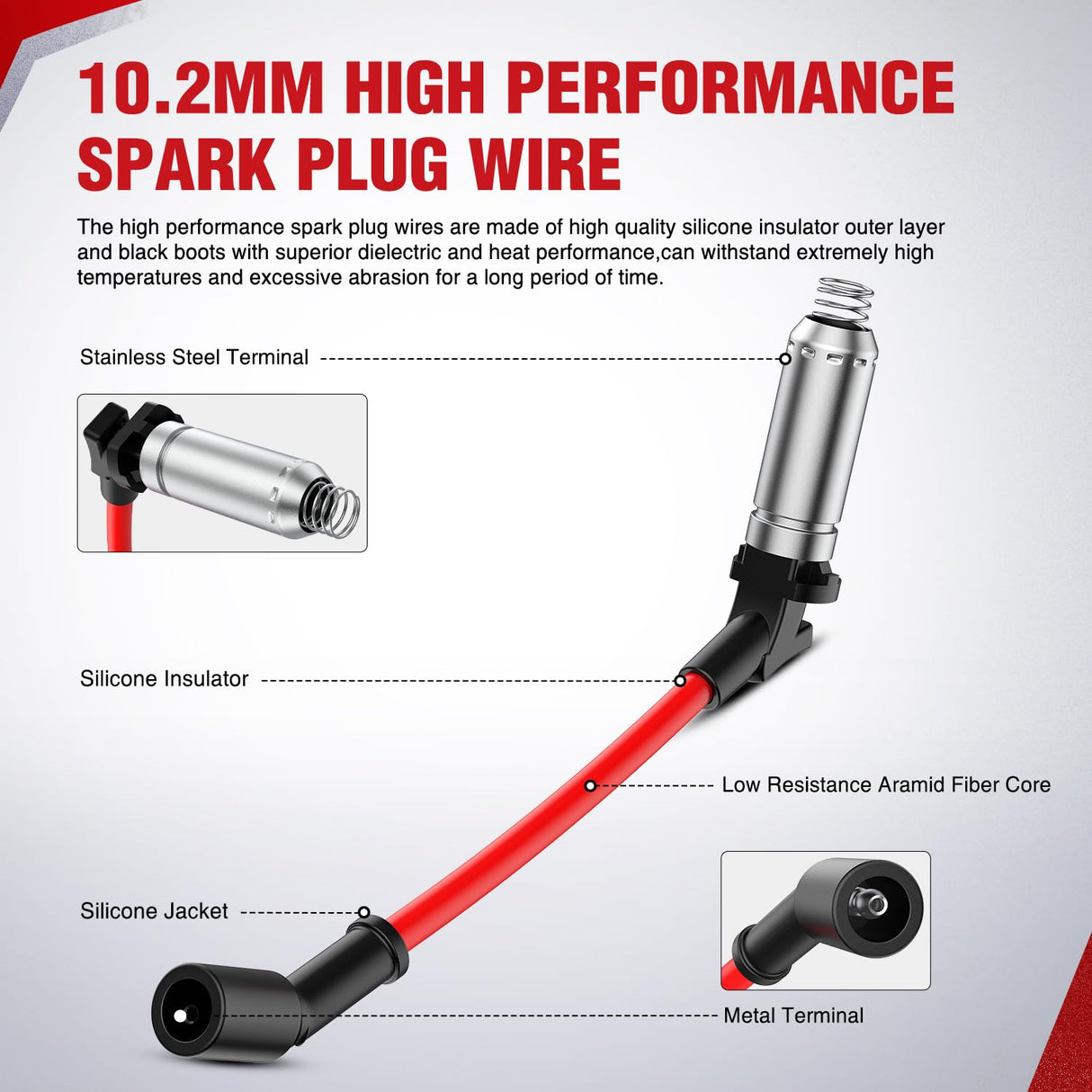 Spark Plug Wire 10.2 mm High Performance Ignition Wire Compatible with Chevy GMC Sierra Yukon Silverado Suburban V8 Engine Replaces for 48322R