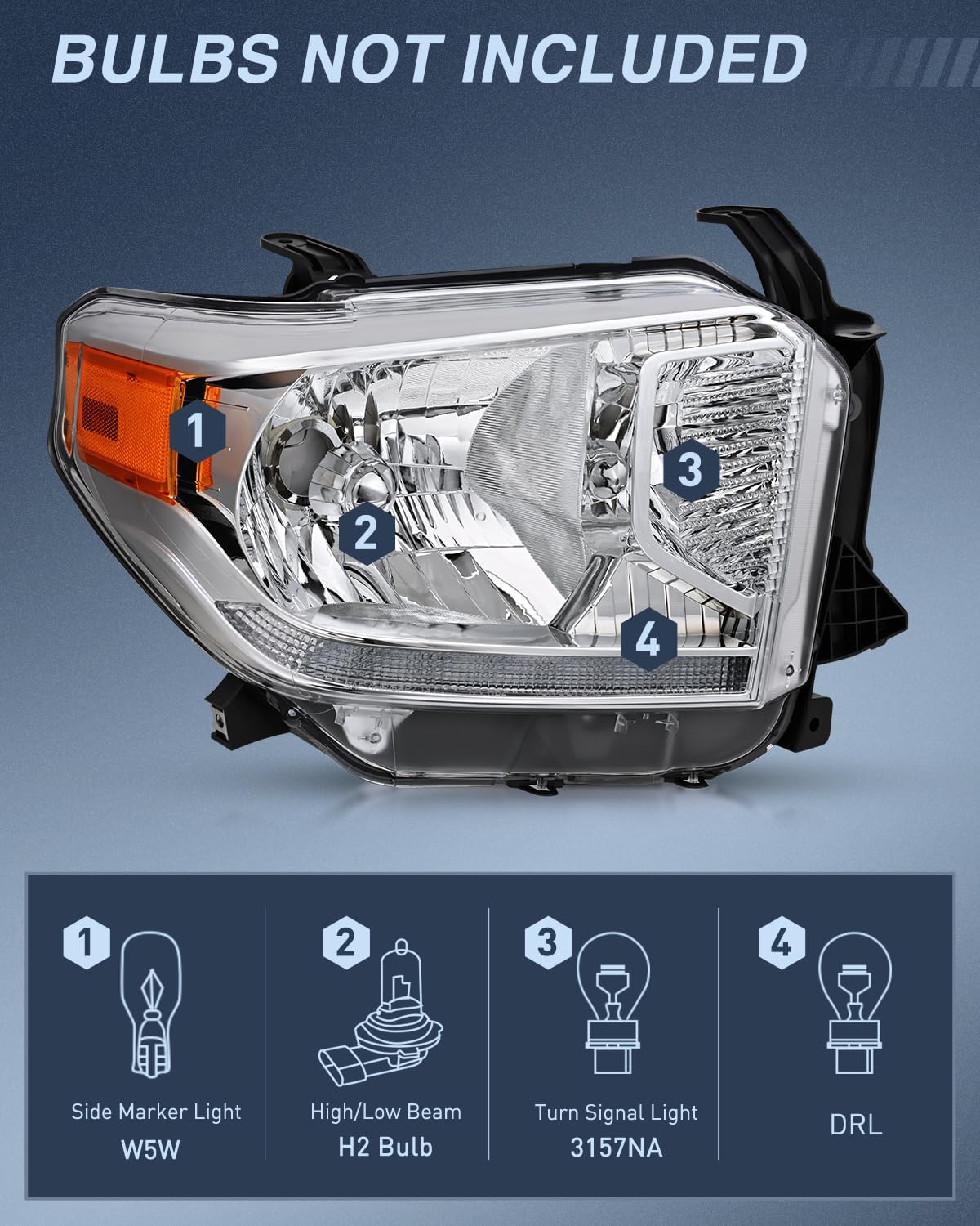 Headlight Assembly Compatible with 2014 2015 2016 2017 2018 2019 2020 2021 Toyota Tundra Chrome Housing Amber Reflector Clear Lens Bumper Headlamps Replacement Driver and Passenger Side