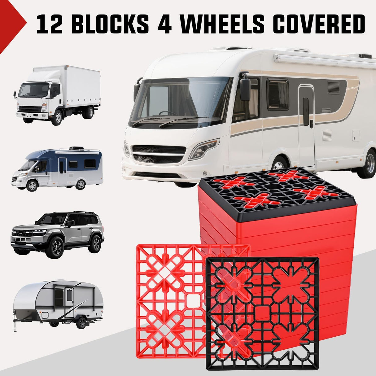 RV Leveling Blocks 12 Pack Interlocking Design Stabilizer Block Anti-Slip Rubber Covers Customizable Height with Carrying Bag for Rv Camper Travel Trailer