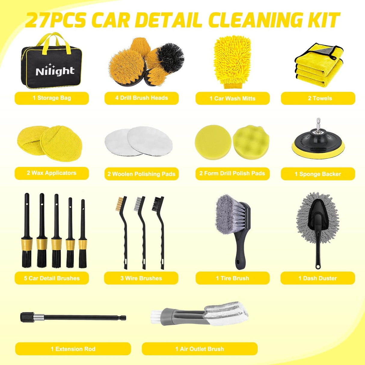 Automotive Tools 27PCS Car Detailing Kit Auto Cleaning Tools Wash Set with Storage Carry Bag Home Use for Interior Exterior Deep Clean Polish Car Care Windshield Dashboard Seat Air Vents Wheels Tires, Yellow