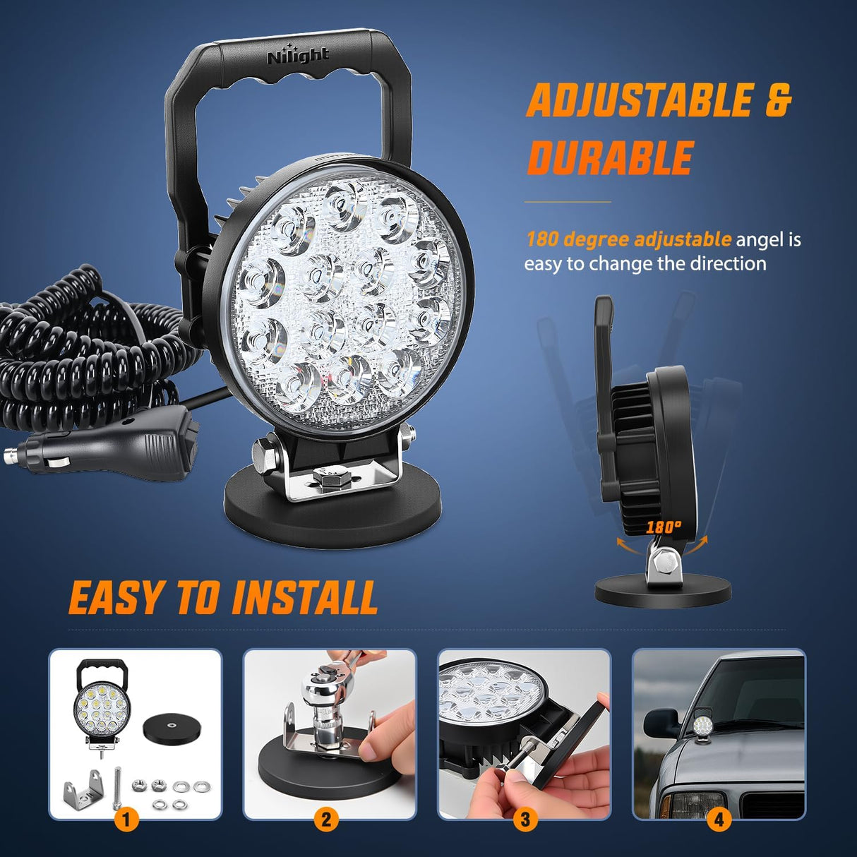 LED Light Bar 4.5Inch 42W Round Portable Flood Pod Cigarette Lighter Powered with Wiring Magnetic Base 14LEDs Fog Driving Work Roof Bumper Lights for Truck Tractor Golf Cart UTV