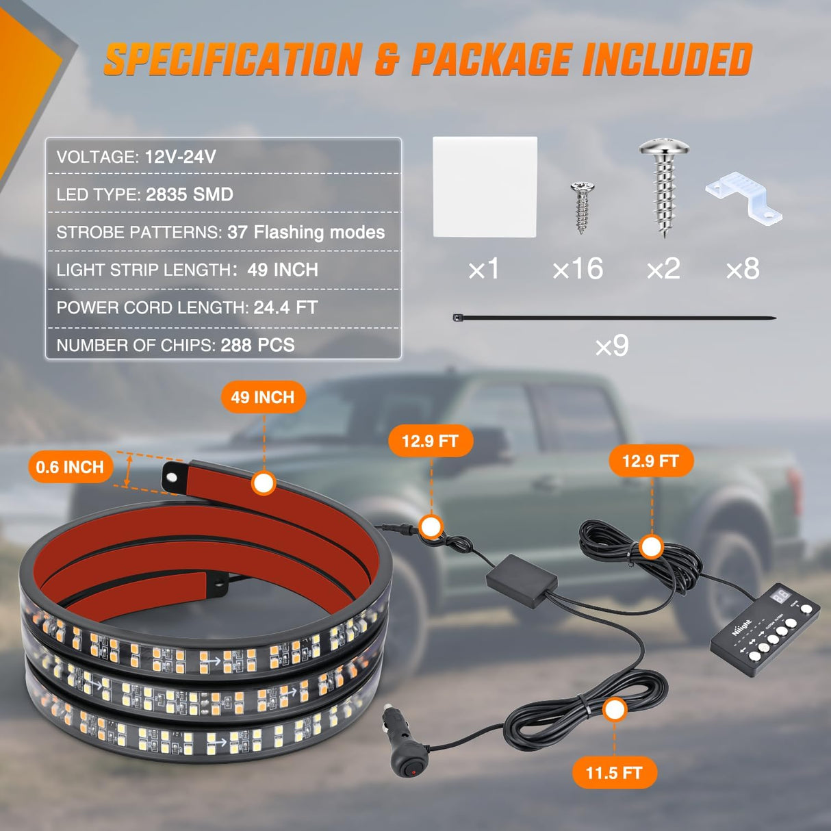 49 Inch Emergency Strobe Light Strips with Controller, 288LED Flashing Warning Hazard Safety Rear Window Tailgate Lights for Truck Trailer Construction Plow Pickup SUV Vehicle, Amber White