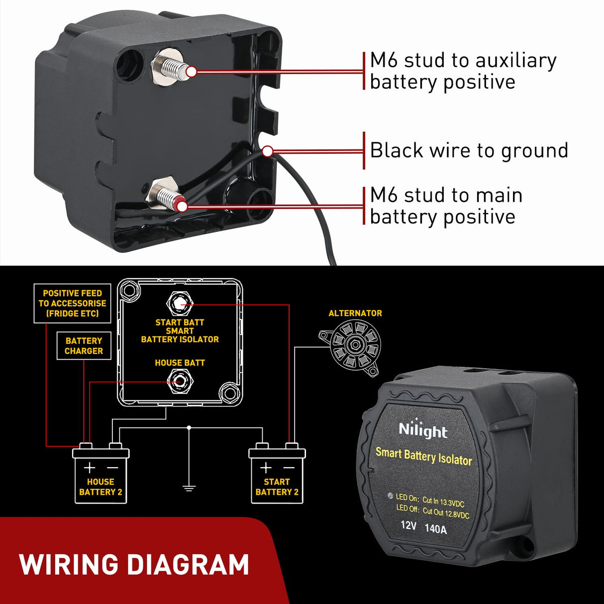 12V 140AMP Dual Battery Isolator Voltage Sensitive Relay Smart VSR Dual Battery Automatic Charger Relays Auto Disconnect Switch Waterproof for Truck Van RV ATV UTV Boat Can Am