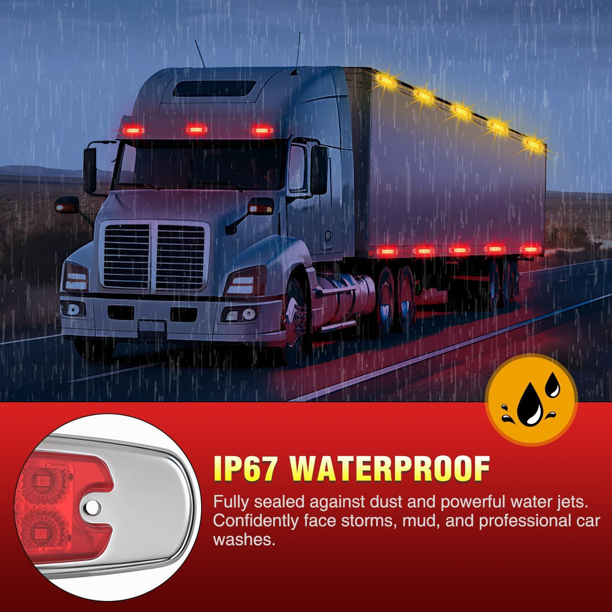 6.3 Inch Amber Red Rectangle Side Marker Light with High Low Strobe | 12 LED IP67 Waterproof Chrome Bezel 12V Surface Mount Marker & Clearance Light Fits Pickup Trucks Trailers RVs Boats,20 Pack