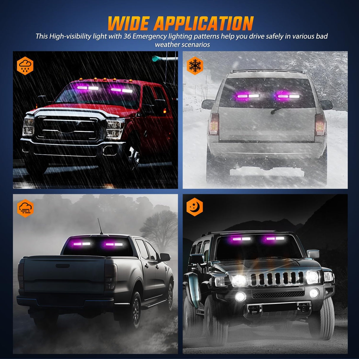 40LED Purple White Emergency Strobe Traffic Advisor Light Bar with Suction Cups Dash Safety Warning Hazard Flashing Lights Interior Front/Rear Windshield for Trucks Construction Vehicles