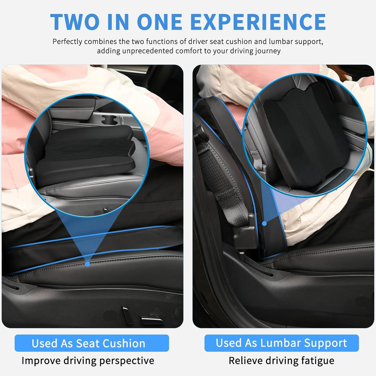 Car Seat Cushion Black Leather Breathable Mesh Splicing Cushion Memory Foam Suitable for Daily Life Driving Relieves Sciatica and Tialbone Pain Improves Drive Visibility