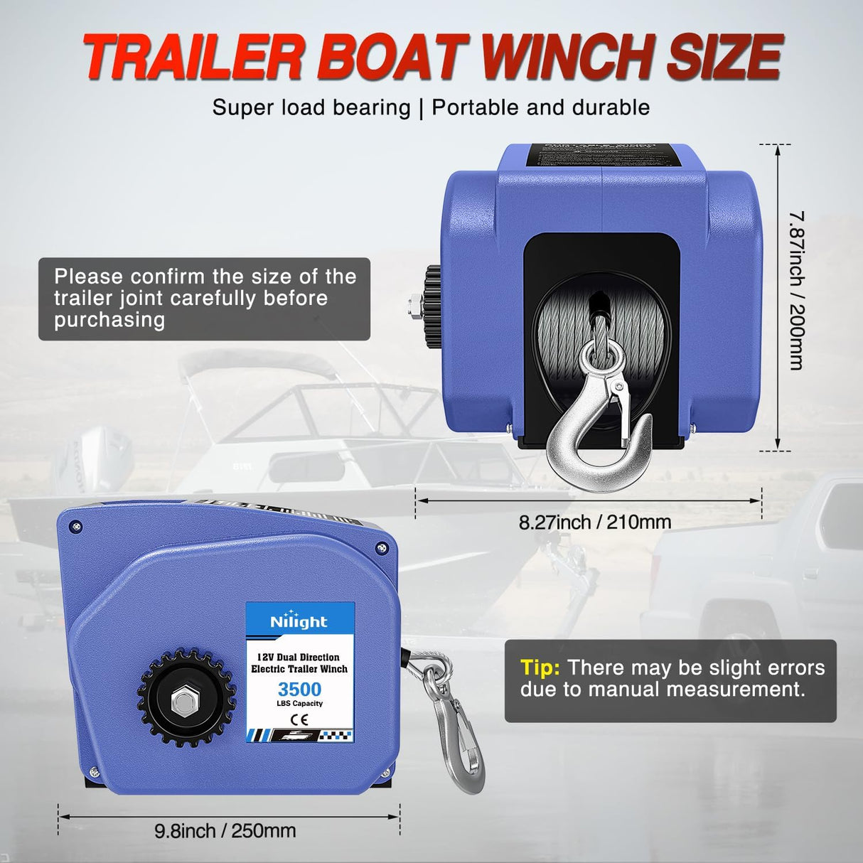 Boat Trailer Winch 3500 lbs Portable Electric Boat Winches 12 V DC Marine Winch with Steel Cable Remote Control & Hand Crank Power-in Freewheel Operat Waterproof Winch for Boat Trailer, Blue