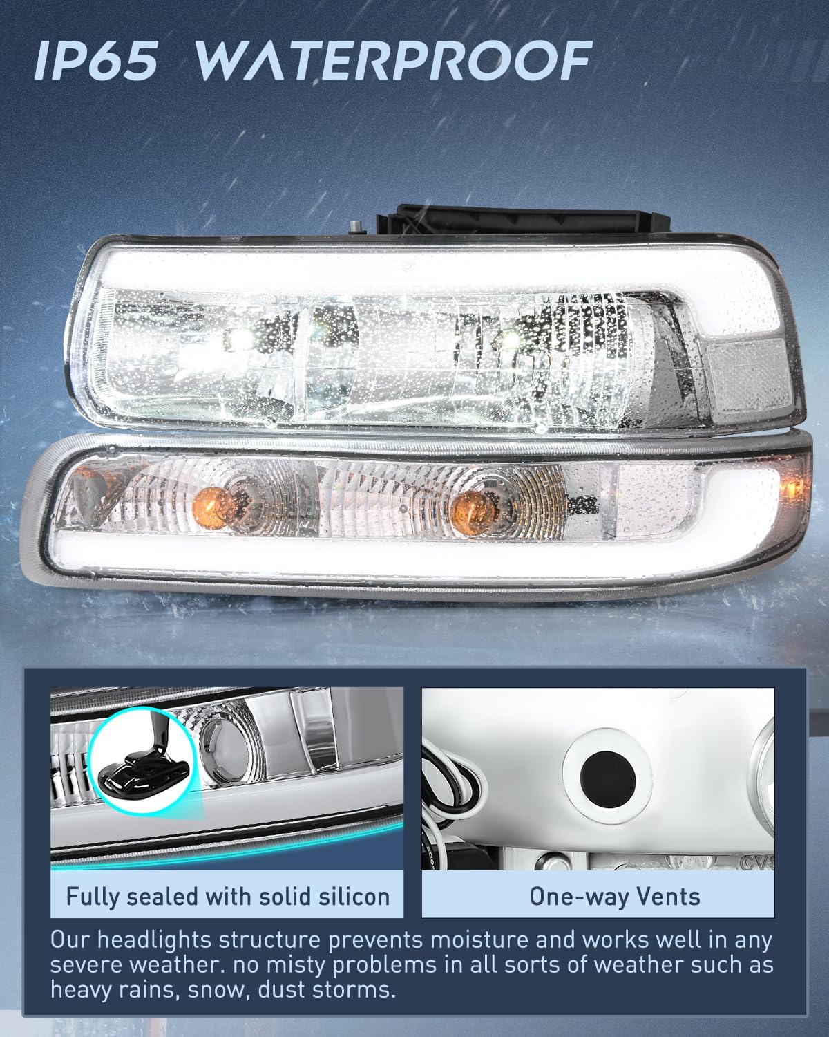 LED DRL Headlight Assembly for 1999 2000 2001 2002 Chevy Silverado 1500 1500HD 2500 2500HD 3500 Chevrolet Tahoe Suburban Replacement Headlamp Clean Lens Chrome Housing Bumper Lights Set