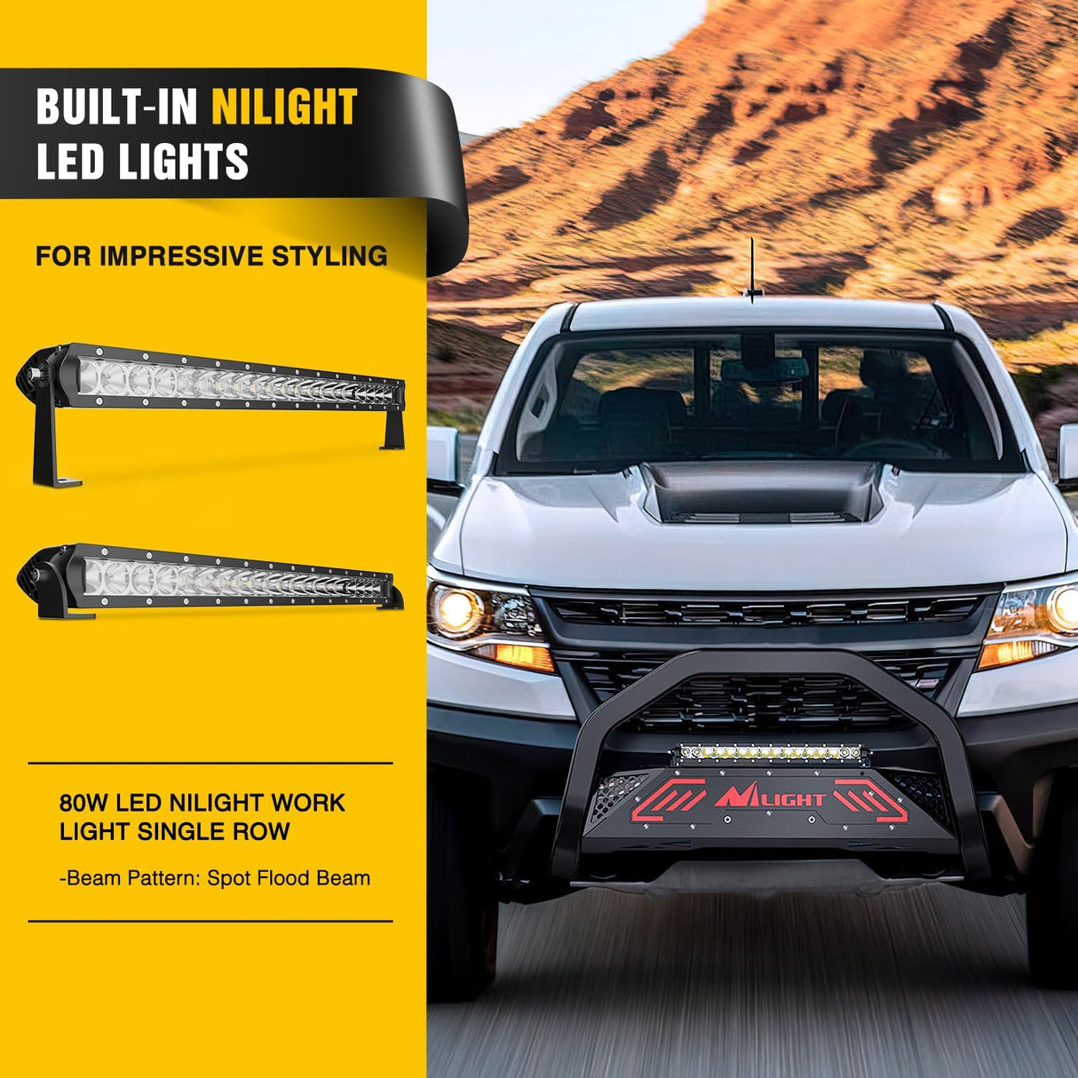 Bull Bar with Light fits Chevy Colorado (Excl. ZR2) 2015-2022 & GMC Canyon 2015-2022 Front Bumper Grille Brush Push Guard with Skid Plate Licence Plate Hole Black