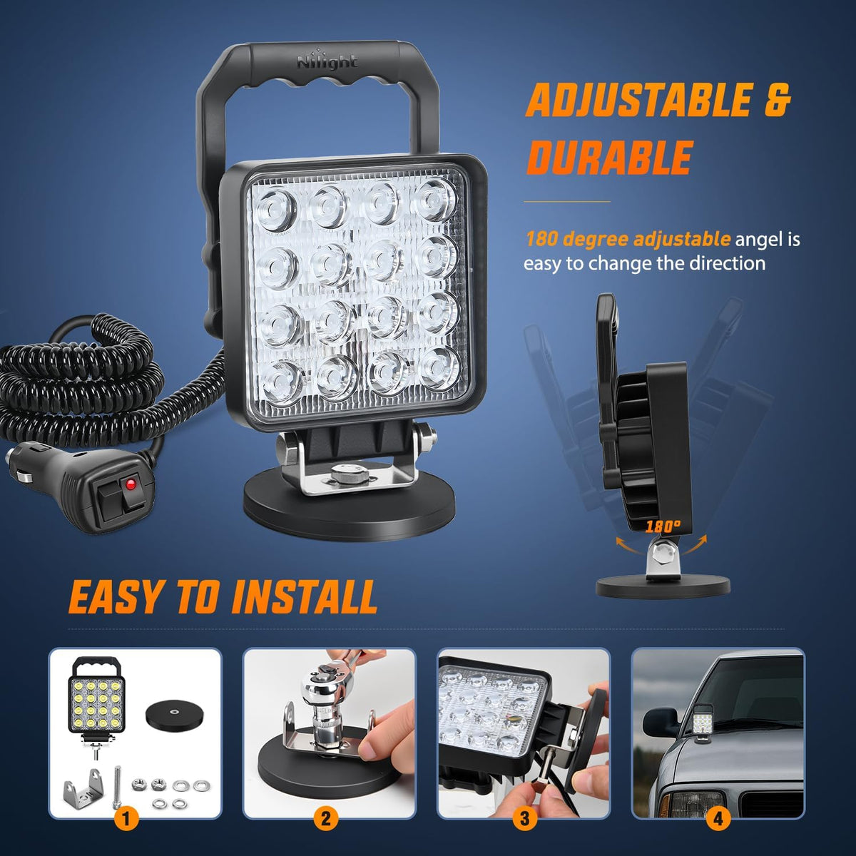 LED Light Bar 4Inch 48W Square Portable Flood Pod Cigarette Lighter Powered with Wiring Magnetic Base 16LEDs Fog Driving Work Roof Bumper Lights for Truck Tractor Golf Cart UTV