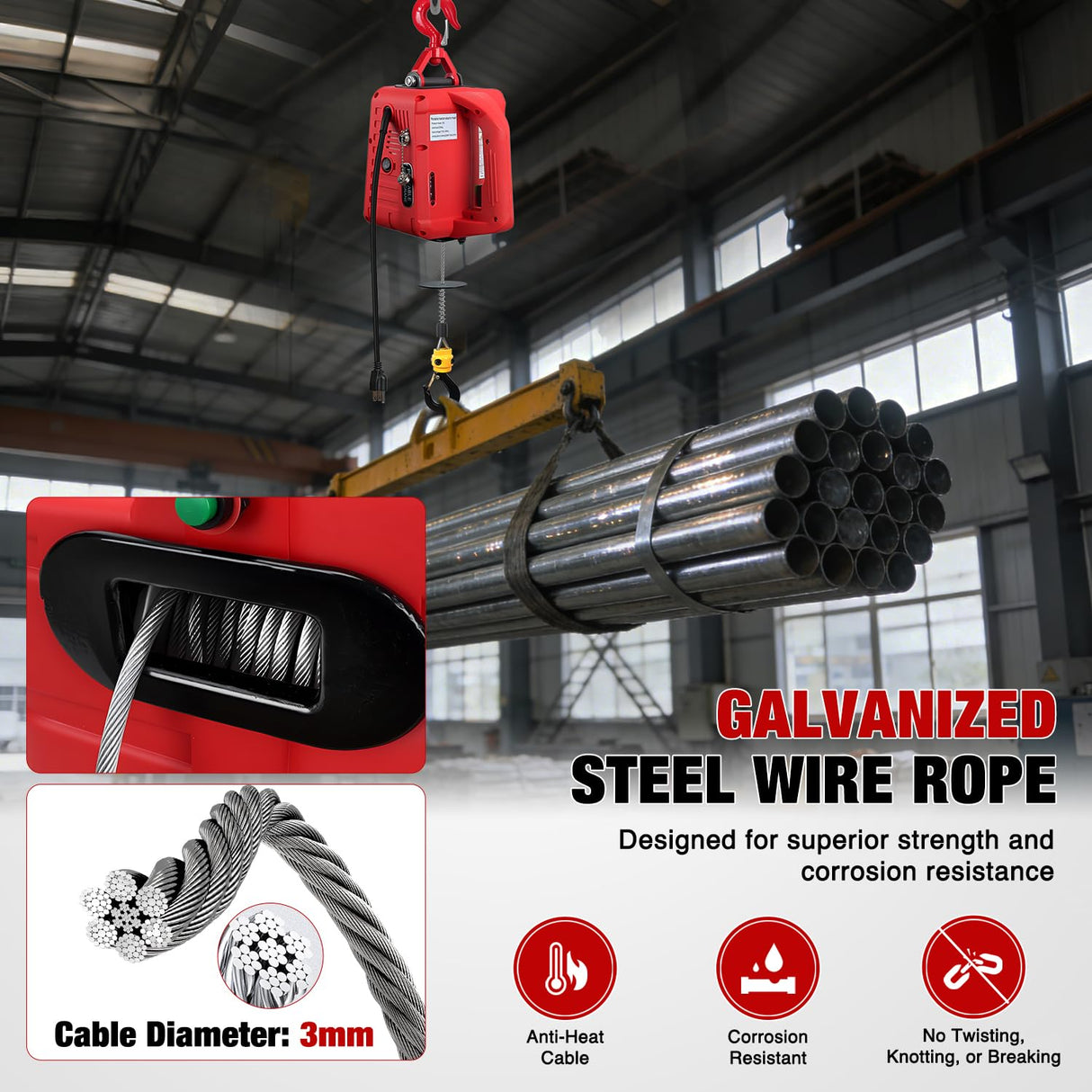 3-in-1 Electric Hoist Winch, 660LBS 1500W Portable Power Winch Crane with Manual Wired Wireless Remote Control, 110V Electric Winch 33FT/Min Speed 39FT Height for Garage Warehouse Factory, Red