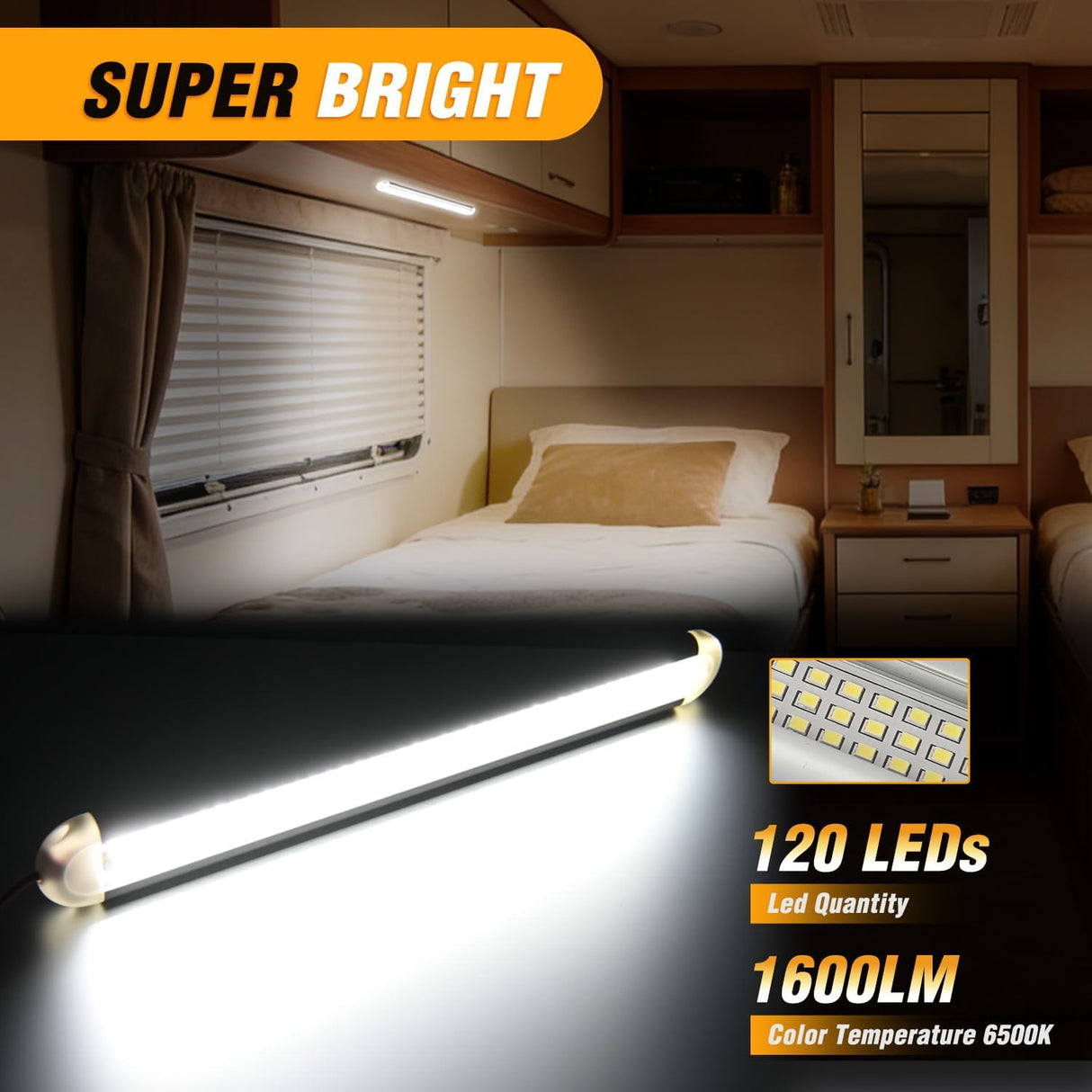 LED Interior Light Bar 8PCS 12 Inch Strip Lights | 120 LEDs with 1600LM Output On Off Switch and 12V to 85V Compatibility for RV Camper Enclosed Cargo Trailer Boat and Van