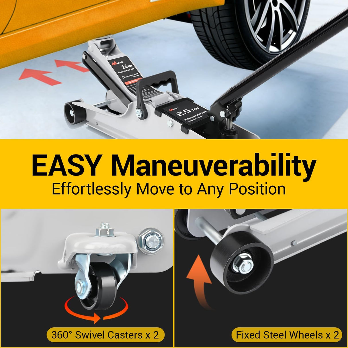 2.5 Ton Floor Jack, Low Profile Hydraulic Trolley Car Jack with 360° Swivel Lifting Arm, Heavy Duty Steel Service Jack, Lifting Range 3.35 Inch to 15.15 Inch