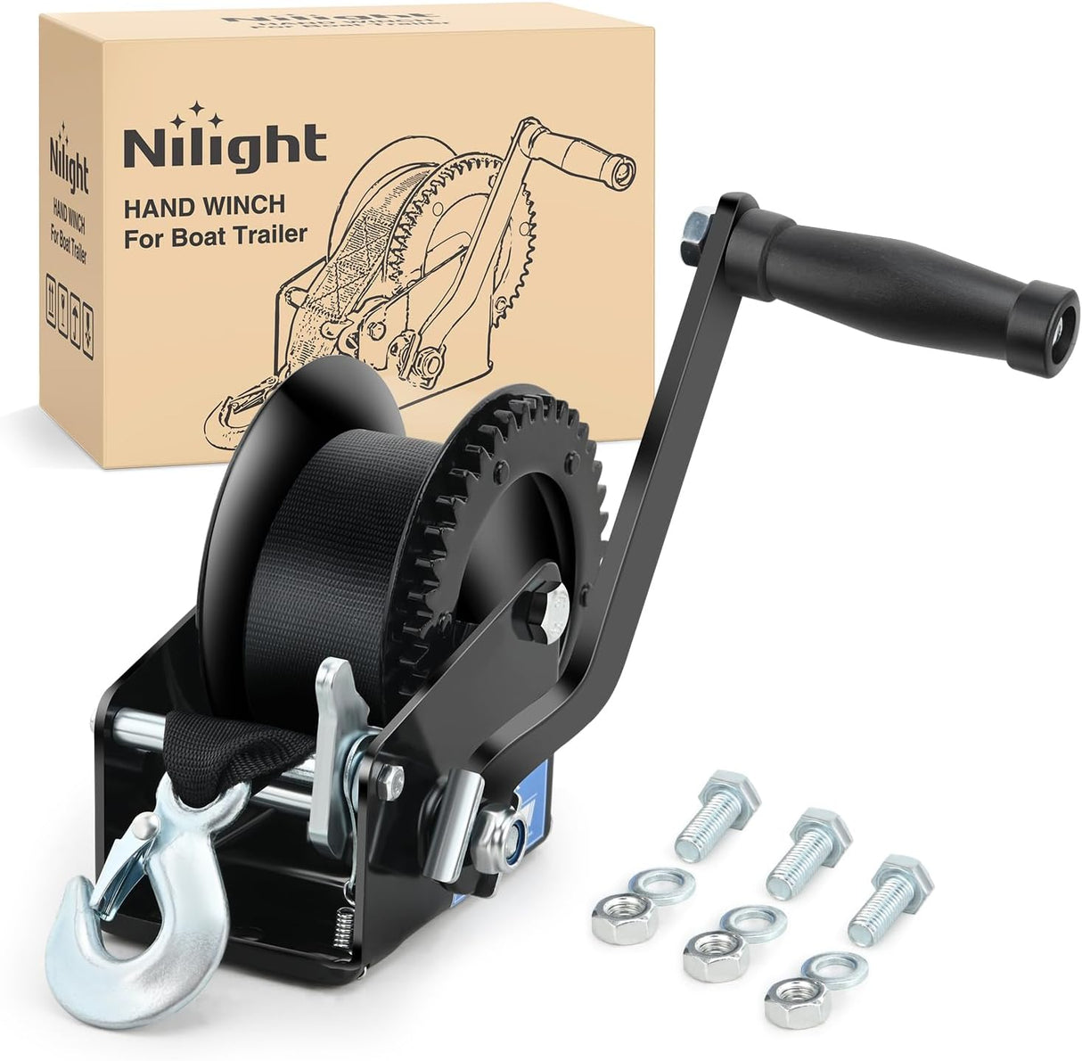 Boat Trailer Winch 1200 Lbs Hand Crank Winch Heavy Duty Boat Winches with 23Ft Strap Rope Hook 2-Way Ratchet 4:1 Gear Portable Marine Manual Winch for Trailers Boats RV ATV Jet Ski Towing