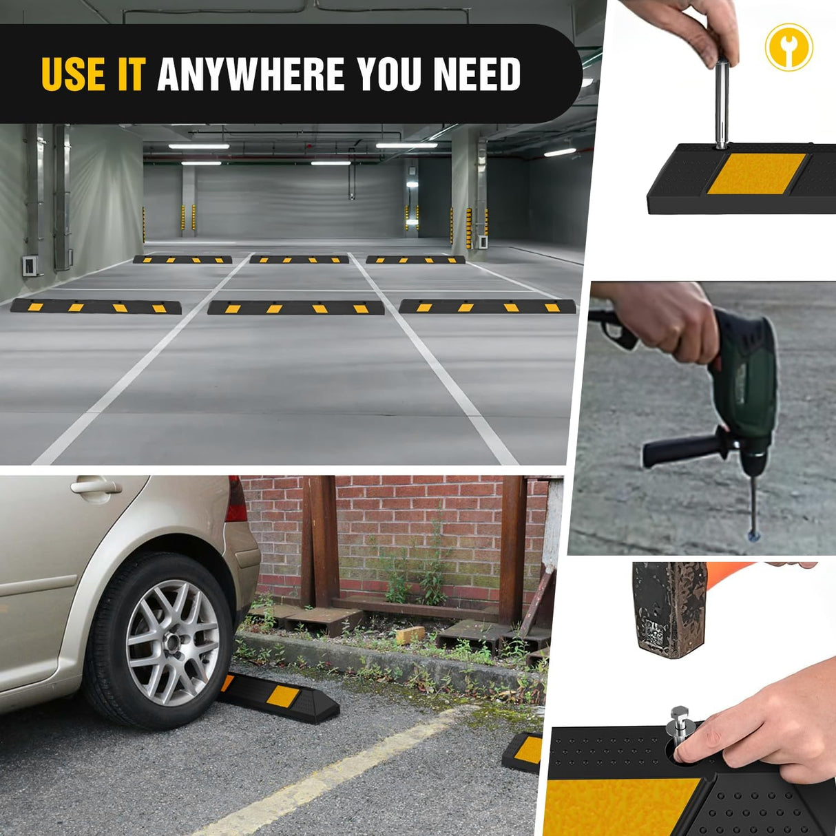 72 Inch Parking Curb - Heavy Duty Rubber Garage Car Stopper Parking Aid with Reflective Strips for Large Vehicles, 2-Pack