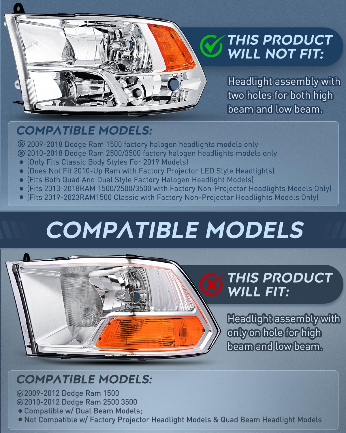 Headlight and Taillight Assembly Combo Compatible with 2009 2010 2011 2012 2013 2014 2015 2016 2017 2018 Dodge Ram for Quad Models Chrome Housing Amber Reflector with Red Housing Tail Light
