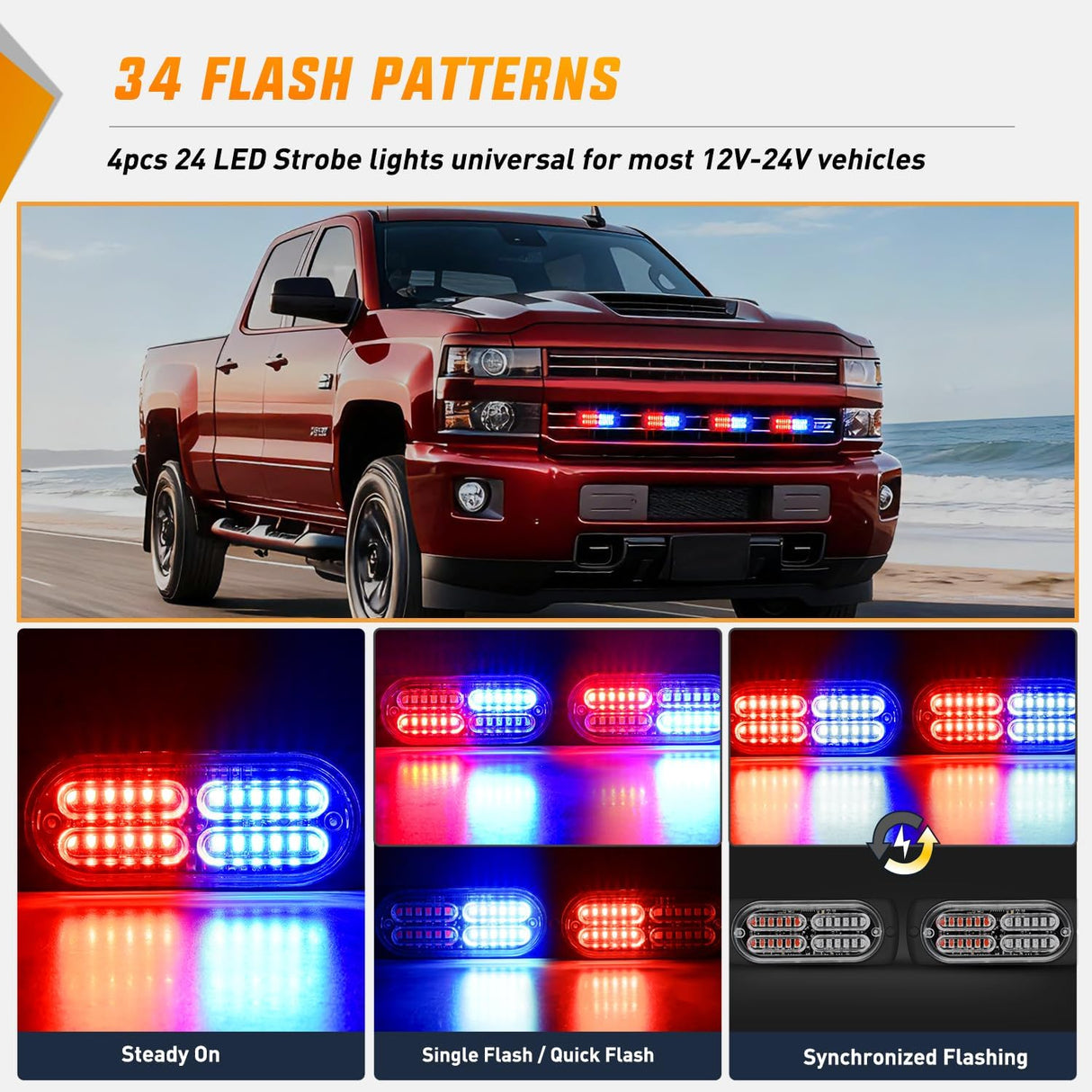 4PCS 24LED Emergency Strobe lights 12V 24V Red Blue Surface Mount Grille Hazard Safety Warning Light Sync Feature Side Flashing Marker Flash for Car Truck Campers